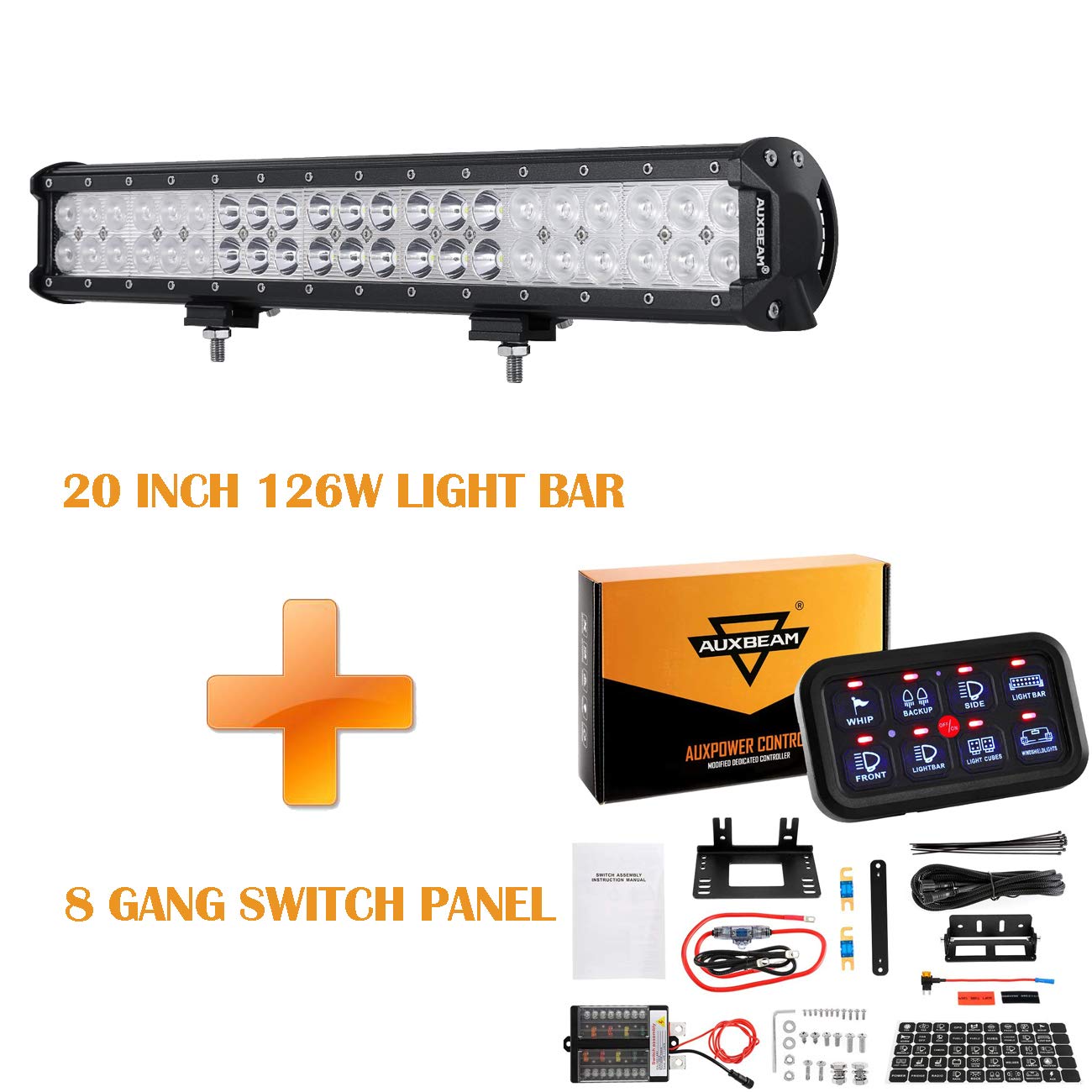 Auxbeam 20 Inch 126W LED Light Bar with 8 Gang Switch Panel - Blue Off-Road Lighting for Trucks, Jeeps, ATVs & UTVs - Waterproof & Durable for Outdoor Adventures