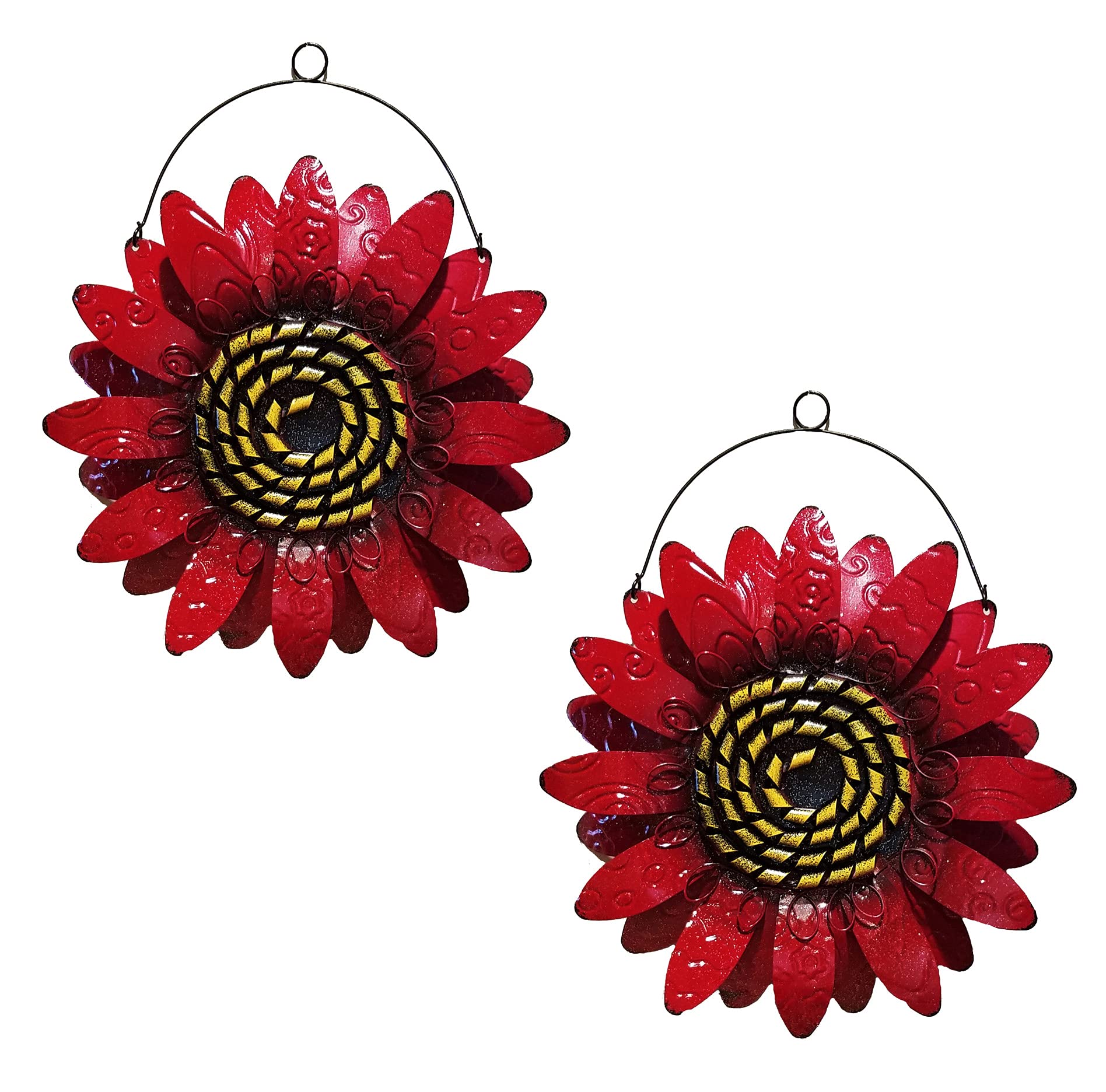 Metal Sunflower Wall Decor Set of 2 - Red Floral Wall Art with Wire Hanger for Home & Garden - Perfect for Living Room, Bedroom, Kitchen, Bathroom, Outdoor Patio & Garden Decor