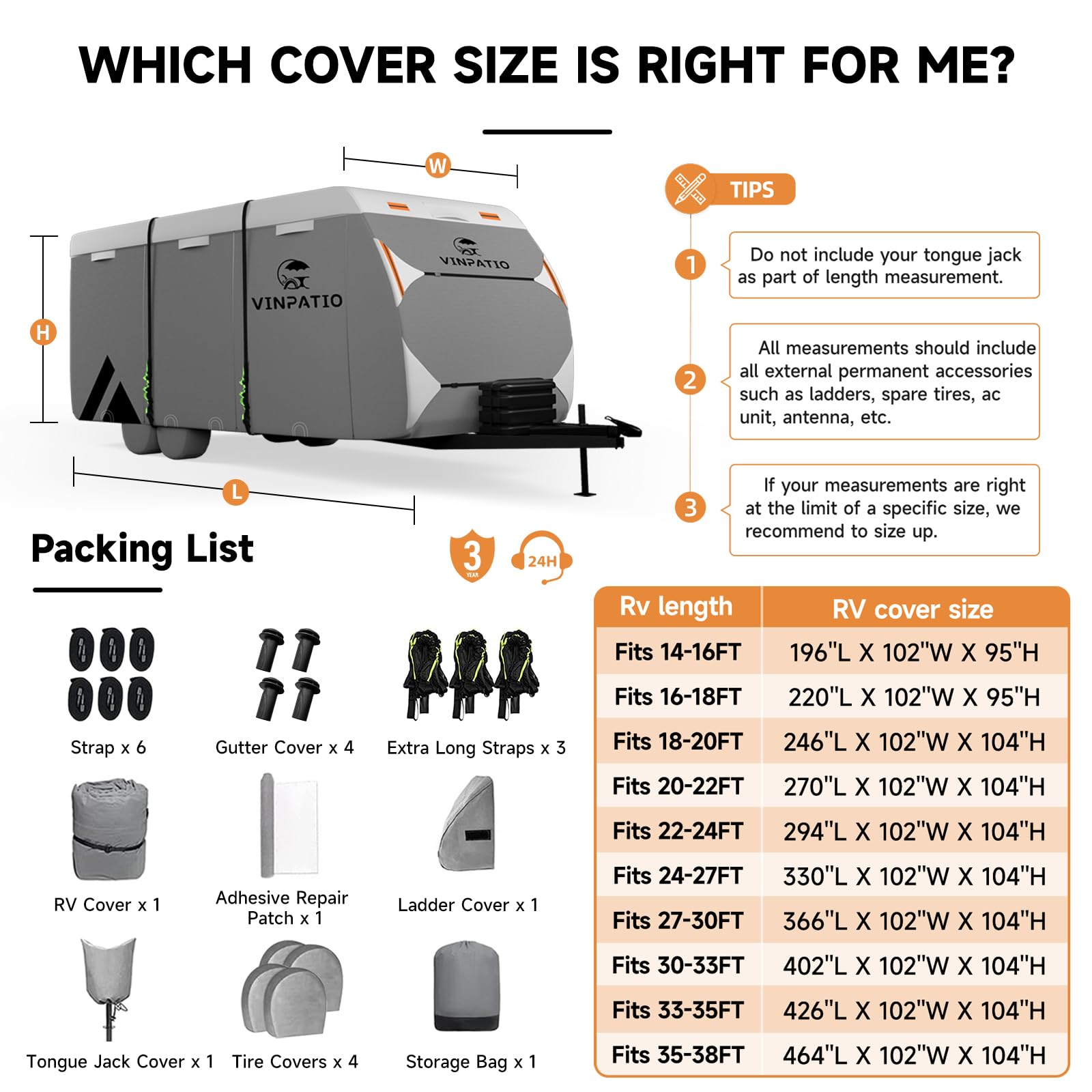 Heavy Duty 7-Layer RV & Travel Trailer Cover with 4 Tire Covers - Waterproof, UV Resistant for 24'-27' Campers, Toy Haulers | Includes Windproof Straps, Tongue Jack Cover & Gutter Covers | Perfect for Winter Storage, Outdoor Protection & Long-Term Parking