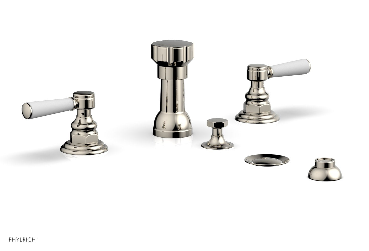 HEX TRADITIONAL Four Hole Bidet Faucet Set with Satin White Lever Handles - Model 500 61 - Perfect for Bathroom Renovation and Modern Toilet Upgrades