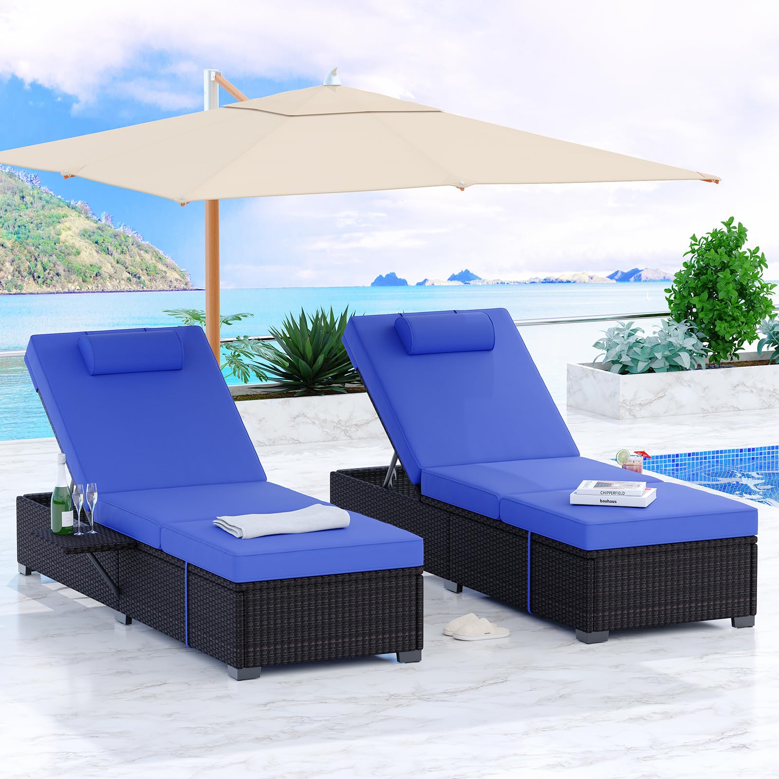 GAOMON 2-Piece Outdoor Patio Lounge Chair Set - Adjustable PE Wicker Chaise Lounge with Storage Table - Brown Rattan Poolside Furniture for Backyard, Garden & Beach Relaxation