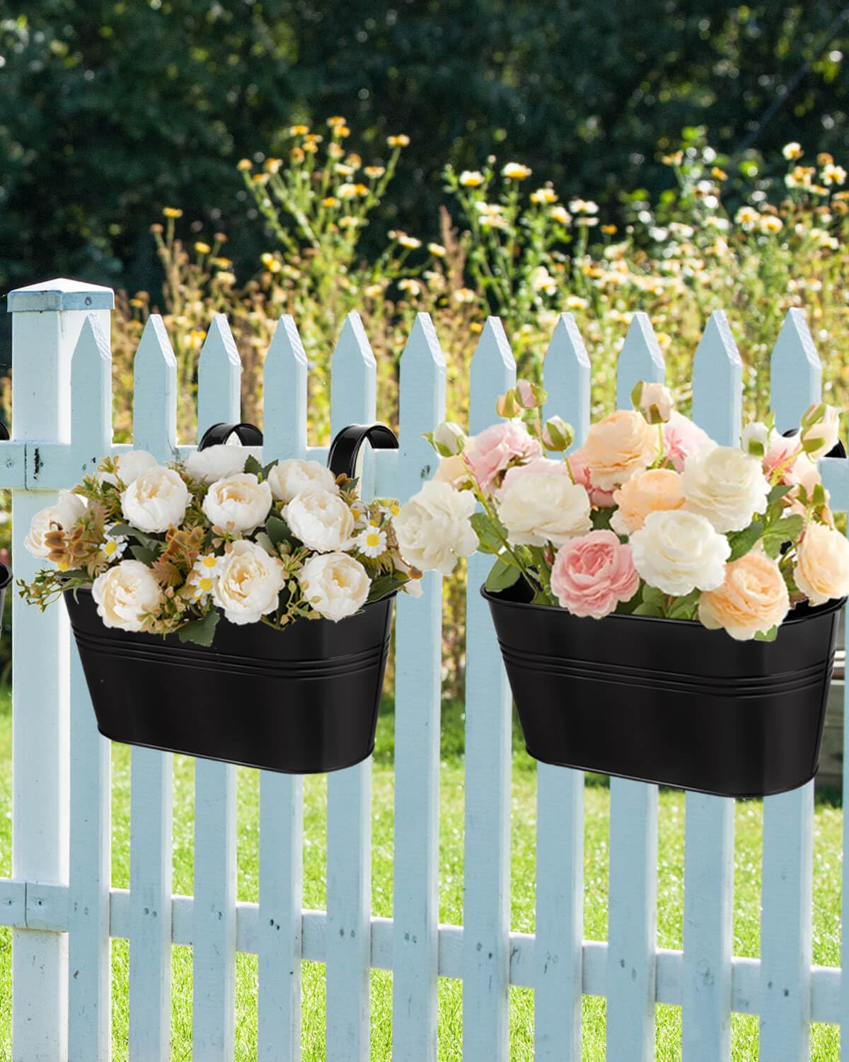 Vensovo 3-Pack Black Metal Railing Planters for Outdoor - Oval Hanging Planter Box with Detachable Hooks & Drain Holes - Perfect for Balcony, Garden Fence, Deck & Patio Decor