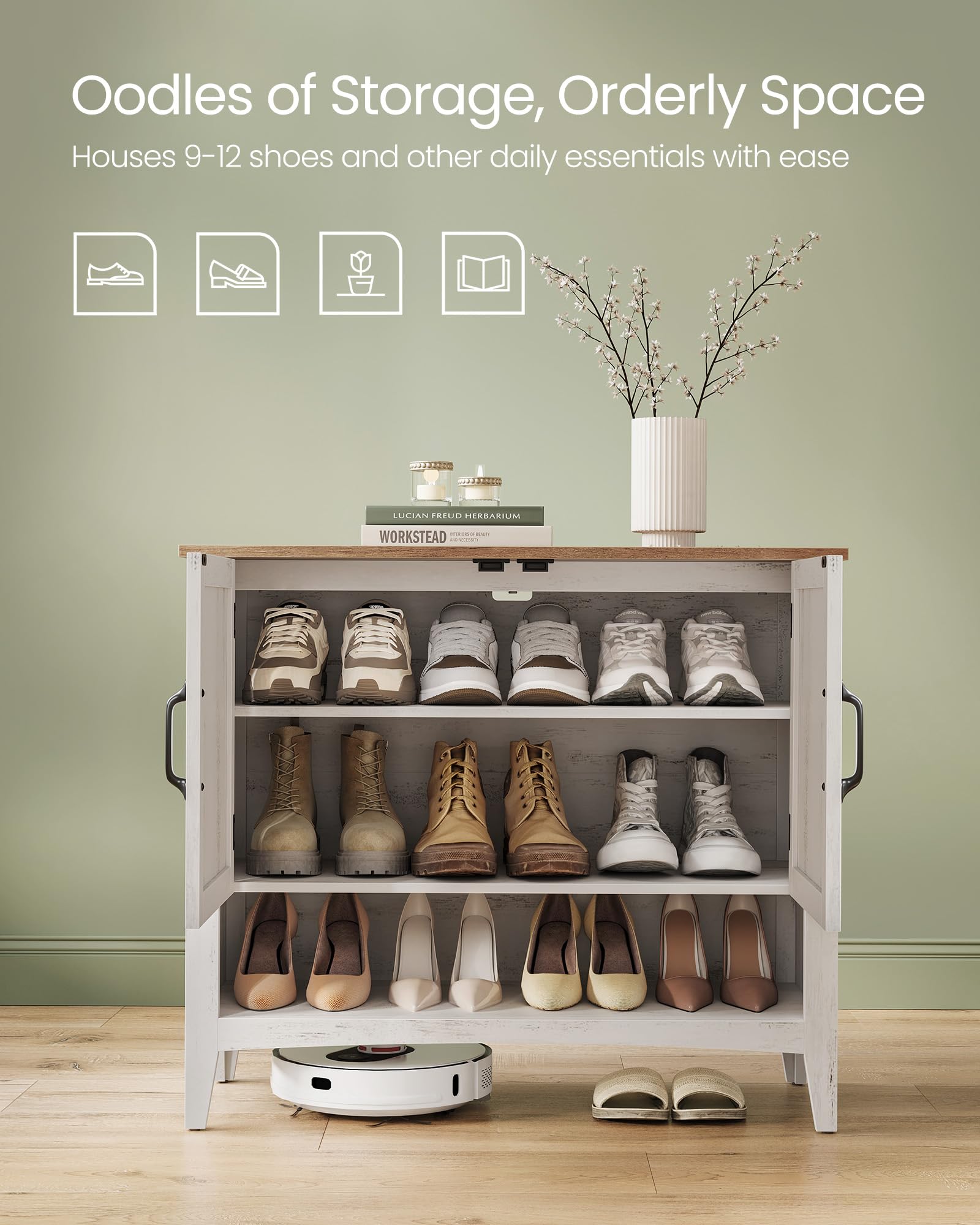 VASAGLE 3-Tier Shoe Storage Cabinet - Farmhouse Style Freestanding Organizer with Adjustable Shelves, 13.8