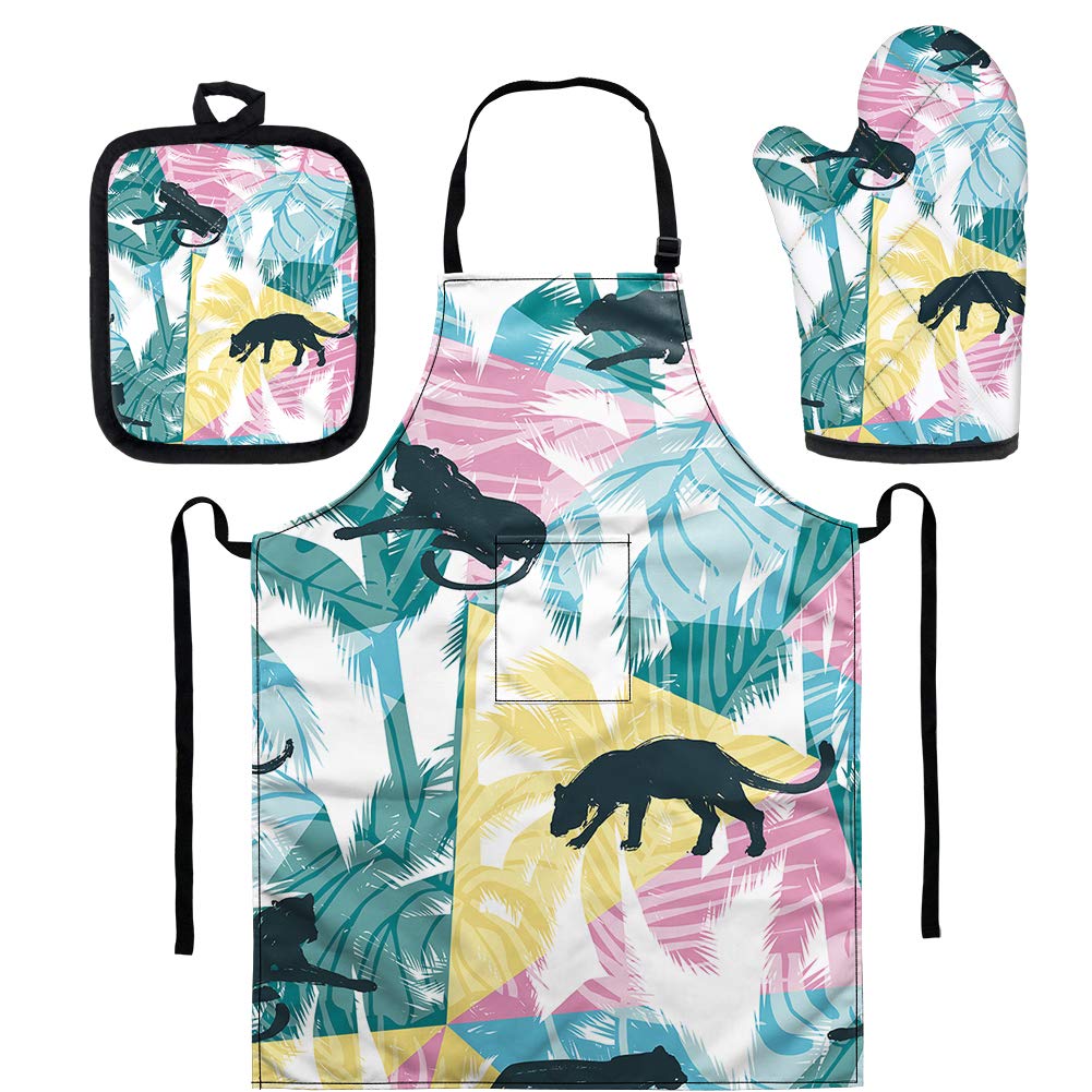 Heat-Resistant Tiger Apron Set with Oven Mitts for BBQ & Baking