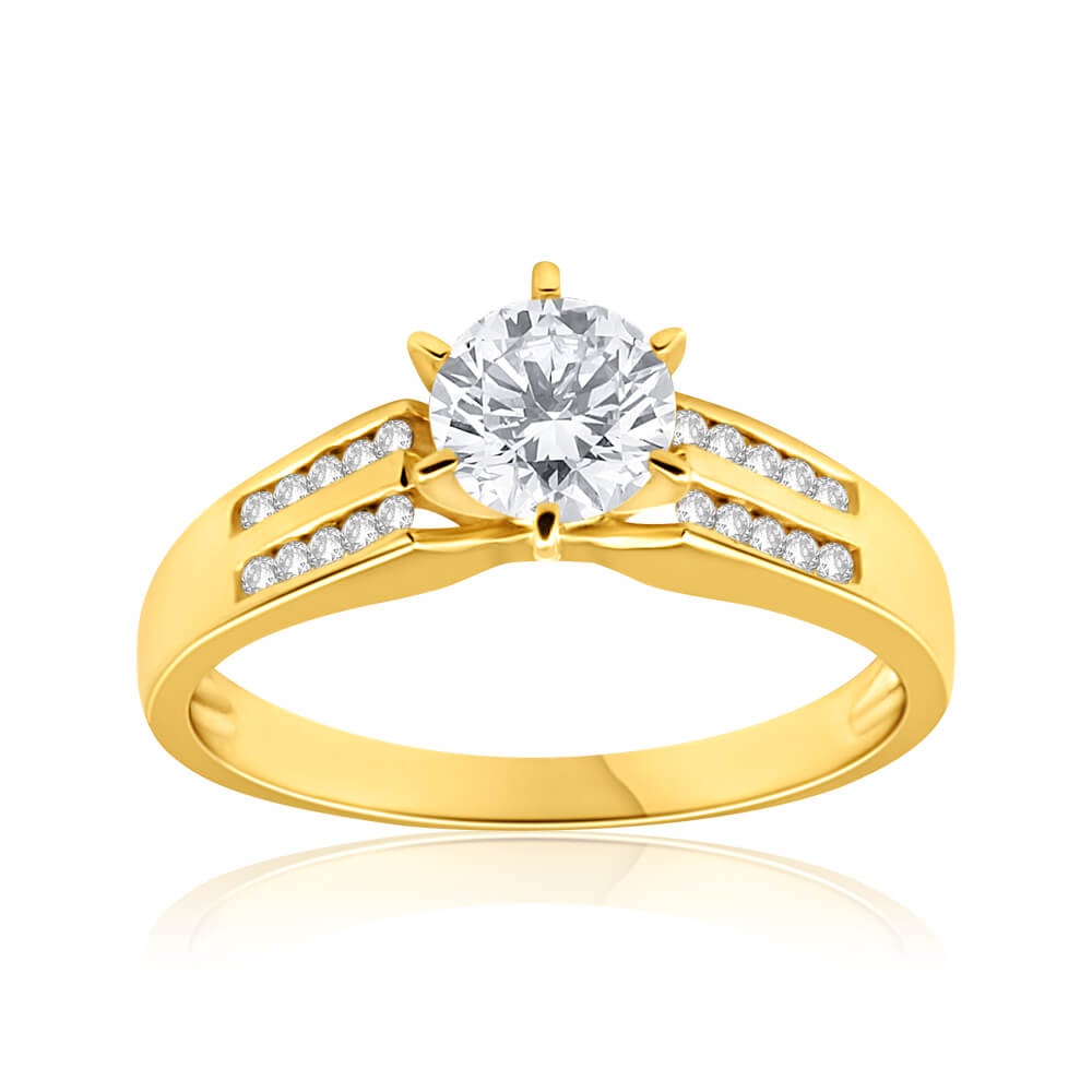 9ct Yellow Gold 6mm Solitaire & Channel Set Cubic Zirconia Ring for Women - Elegant Wedding, Engagement & Anniversary Jewelry Gift