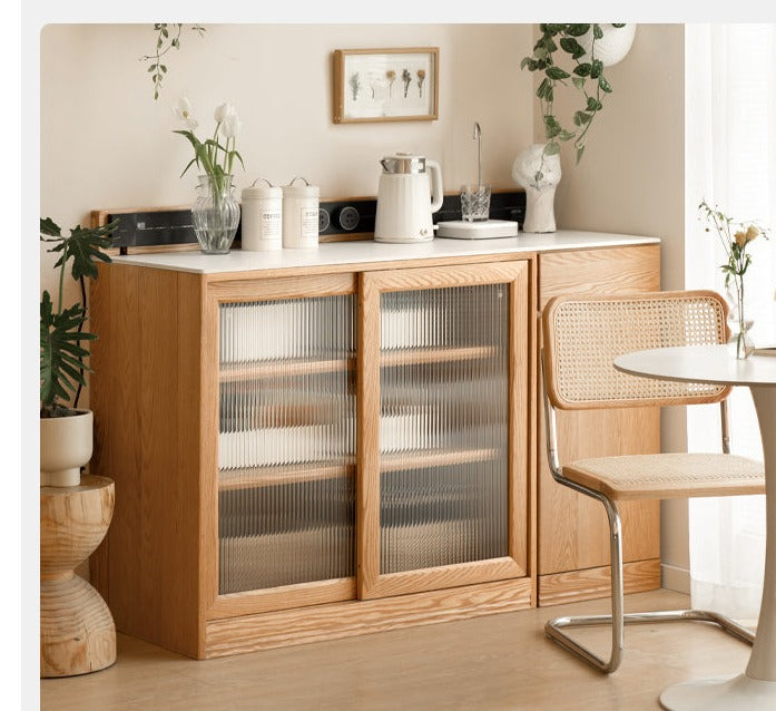 Solid Oak Wood Sideboard Buffet Cabinet - Multi-Functional Storage Locker with Drawers & Shelves for Dining Room, Living Room, and Entryway Organization