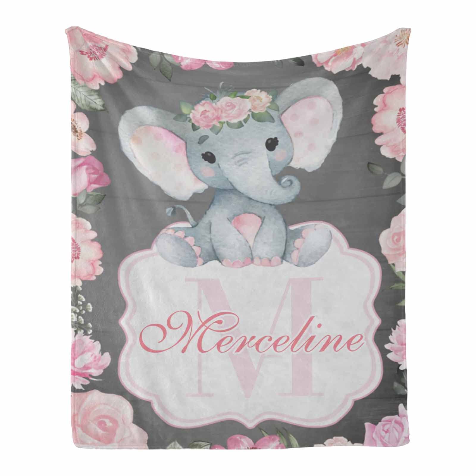 Personalized Baby Blanket with Name - Custom Pink Elephant & Flower Design Soft Throw for Boys & Girls - 60