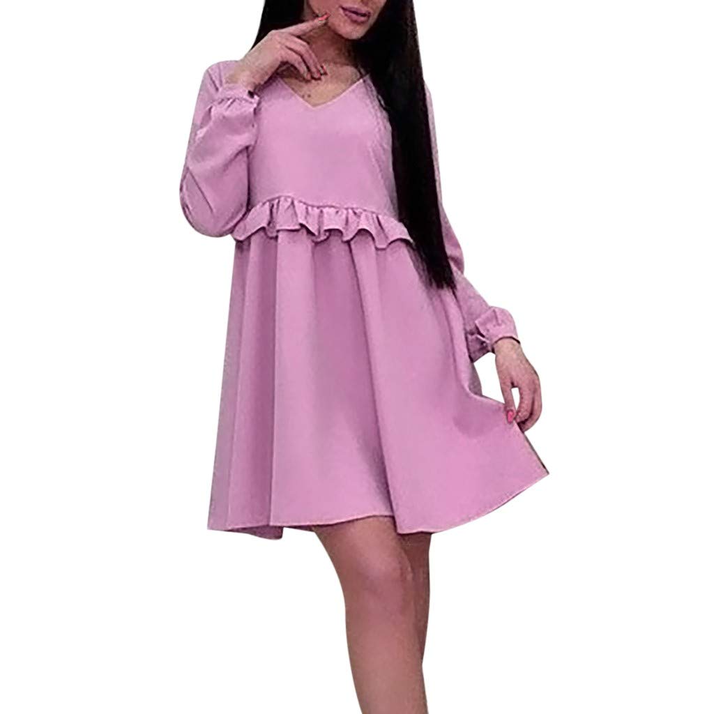 FORUU Women's Long Sleeve V-Neck Retro Solid Color Casual Mini Shirt Dress - Elegant Ballet Style for Daily Wear, Office & Date Nights