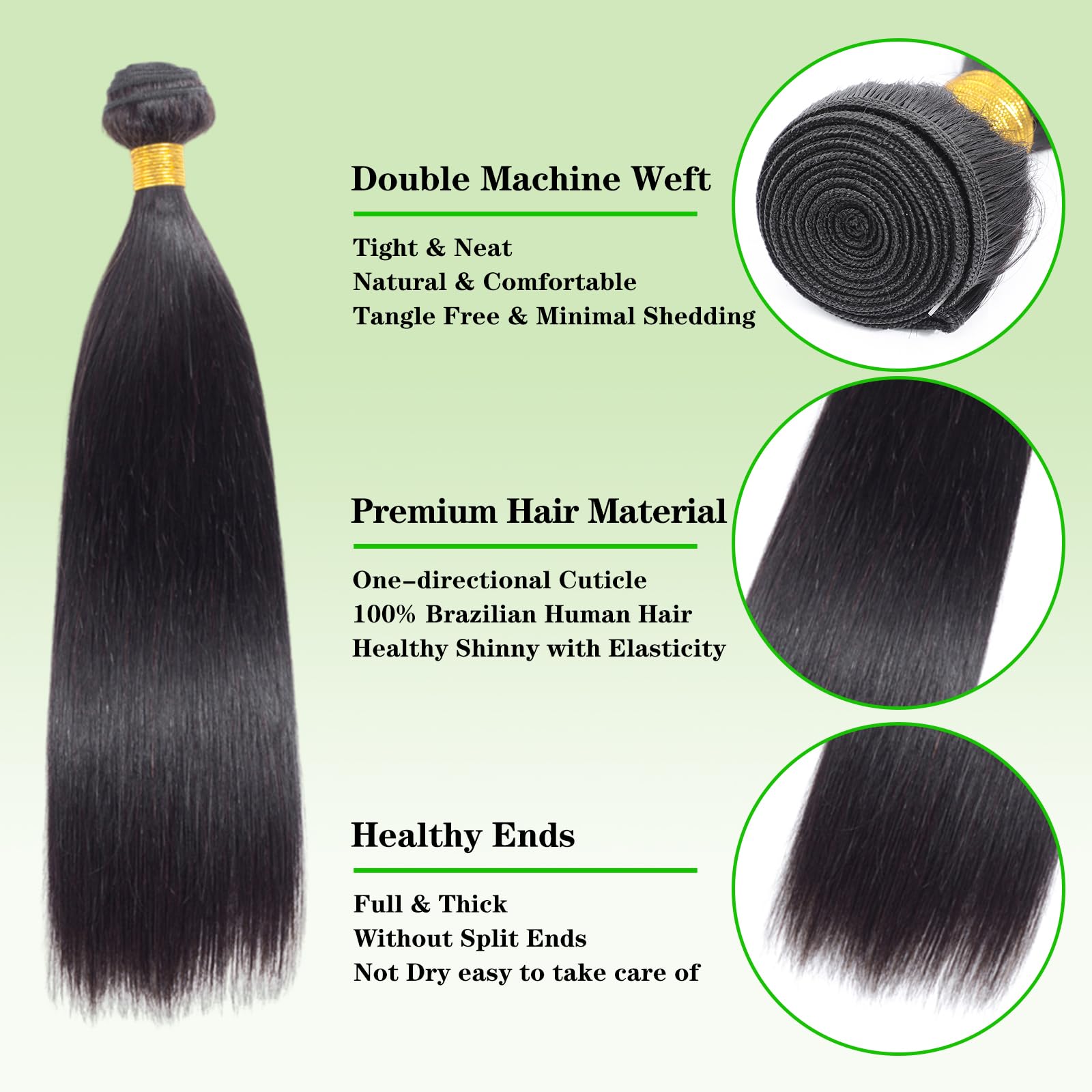 Kapelli 10A Brazilian Virgin Straight Human Hair Bundles with Closure 20 22 24+20 Inch - 3 Bundles Natural Black Remy Hair for Sew-in Weave, Extensions & Styling