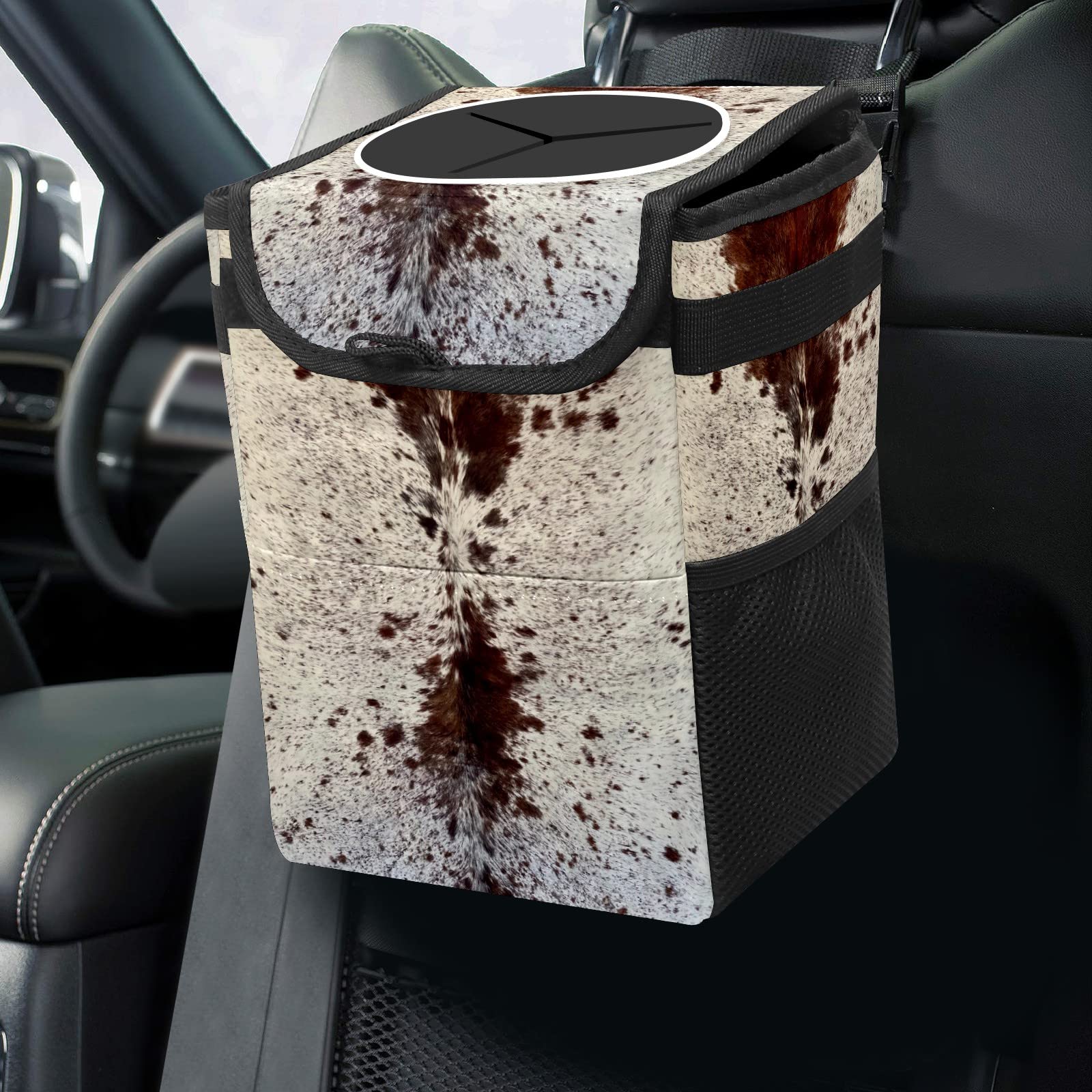 Western Brown Cow Print Car Trash Can with Lid - Collapsible Reusable Waterproof Auto Garbage Bin for Car, Truck & SUV - Perfect for Road Trips, Commuting & Keeping Your Vehicle Clean