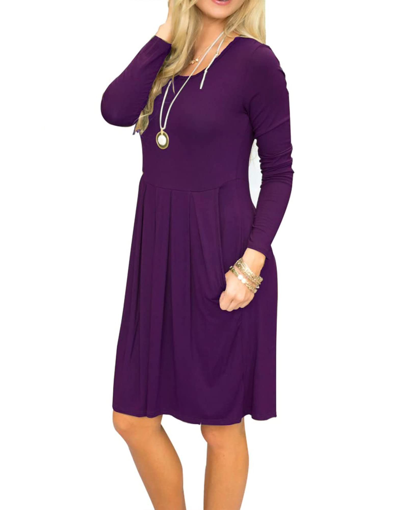AUSELILY Women's Long Sleeve Pleated Swing Dress - Loose Casual Knee Length Dress with Pockets | 2025 New Collection | Perfect for Office, Date Night & Fall Outfits