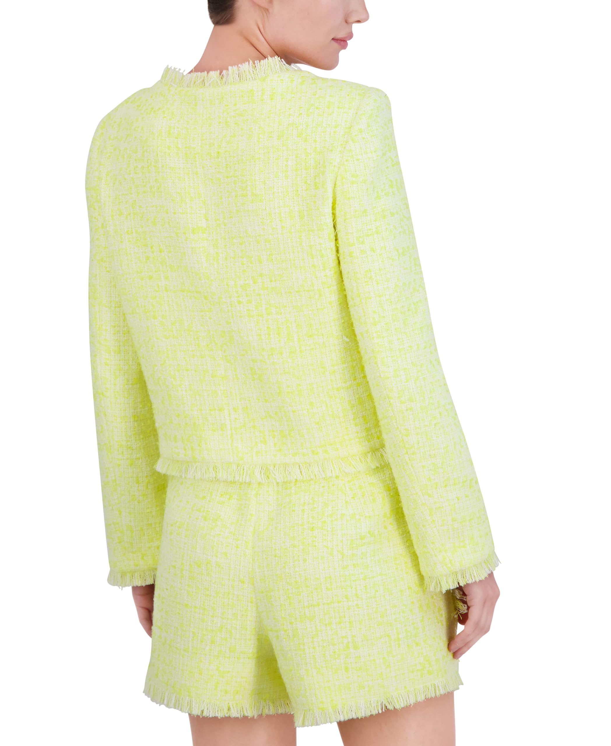 BCBGMAXAZRIA Women's Yellow Tweed Jacket - Long Sleeve Round Neck Blazer for Work, Office & Formal Events | Elegant Outerwear for Business Meetings & Special Occasions