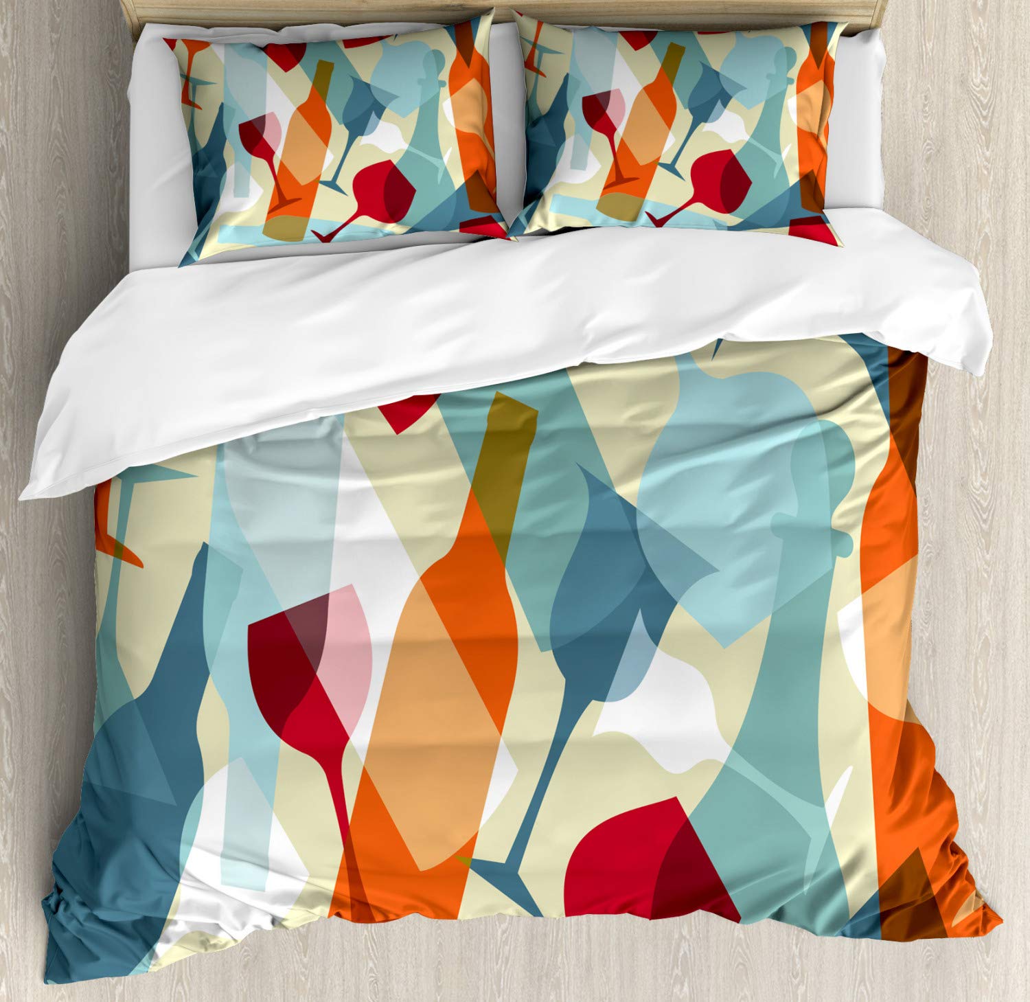 Ambesonne Wine Duvet Cover Set - Modern Colorful Silhouette Design of Wine Glasses & Bottles, Fun Party Theme Bedding (2 Duvet Covers + 4 Pillowcases) - Queen Size 2-Pack in Pale Blue, Ruby & Orange - Perfect for Wine Lovers' Bedroom Decor & Themed Parties