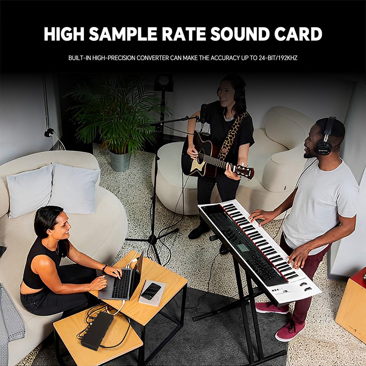 Komdndht -MD44 Professional USB Microphone Sound Card with 24Bit 192KHz Audio Interface, 4-Channel Recording for Podcast, Music, Instruments - Easy Plug & Play Setup for Home Studio & Live Streaming