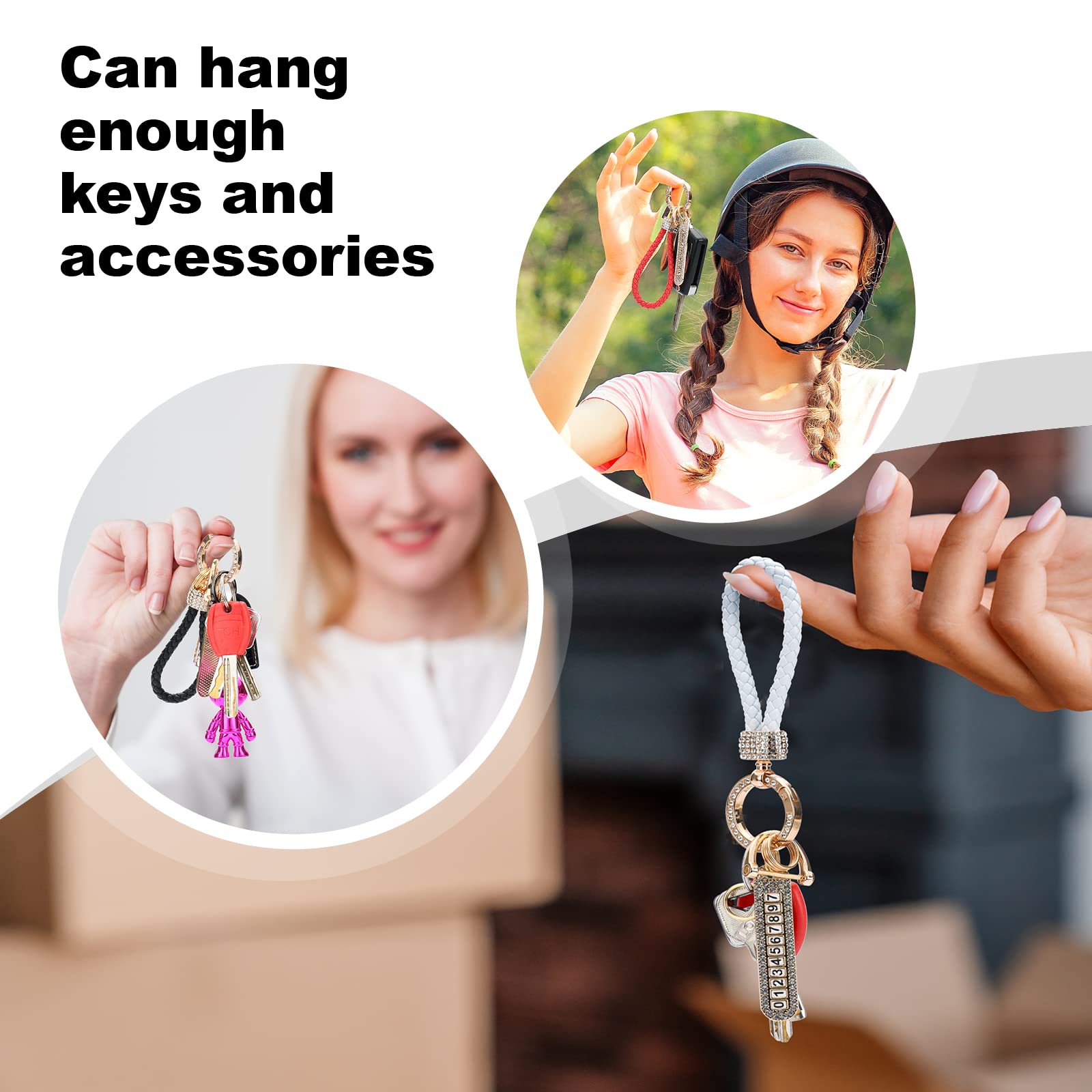 Anti-Lost Car Keychains with Phone Number - Leather Woven Keychain Accessories with Bling Rhinestones - Perfect for Car Keys, House Keys & Gift Giving