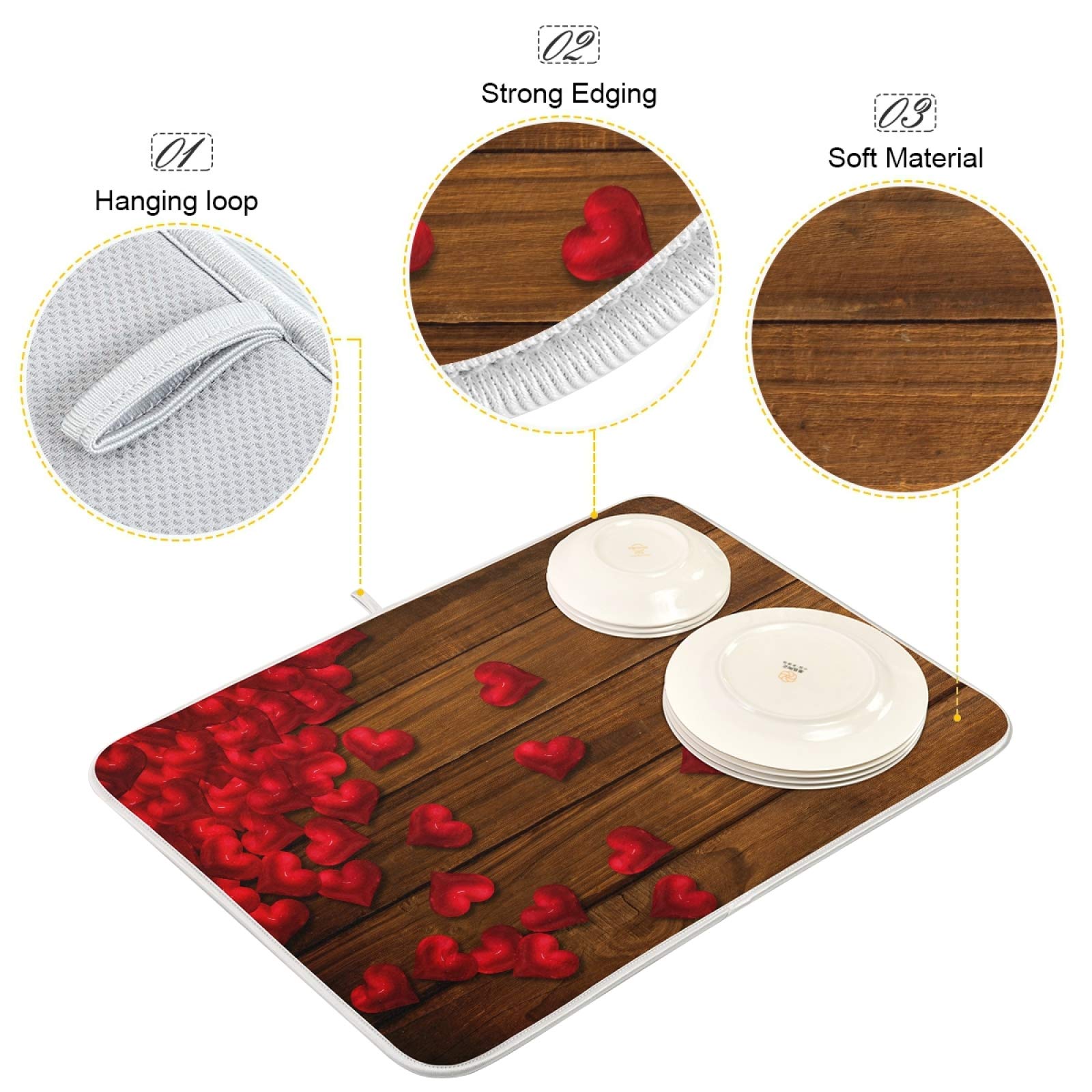 Premium Microfiber Dish Drying Mat - 18x16 Inch Absorbent Kitchen Counter Mat with Red Heart Design on Wooden Board, Reversible Dish Drainer for Plates & Bottles | Perfect for Kitchen Countertops, Sink Areas & Dish Drying Stations