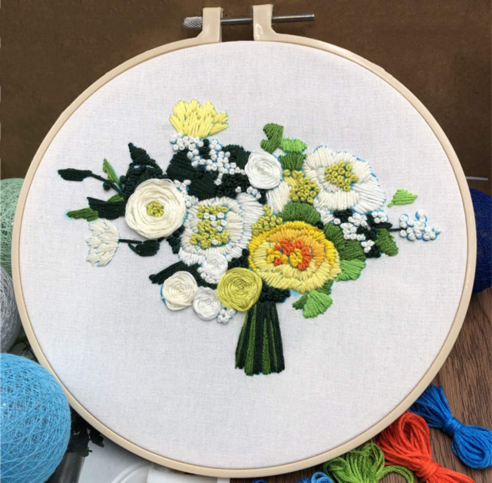 Abillyn Embroidery Starter Kit - White & Yellow Flower Bouquet Cross Stitch Kit with Pre-Printed Pattern (Bouquet 6) - Perfect for Beginners, DIY Home Decor & Gift Ideas