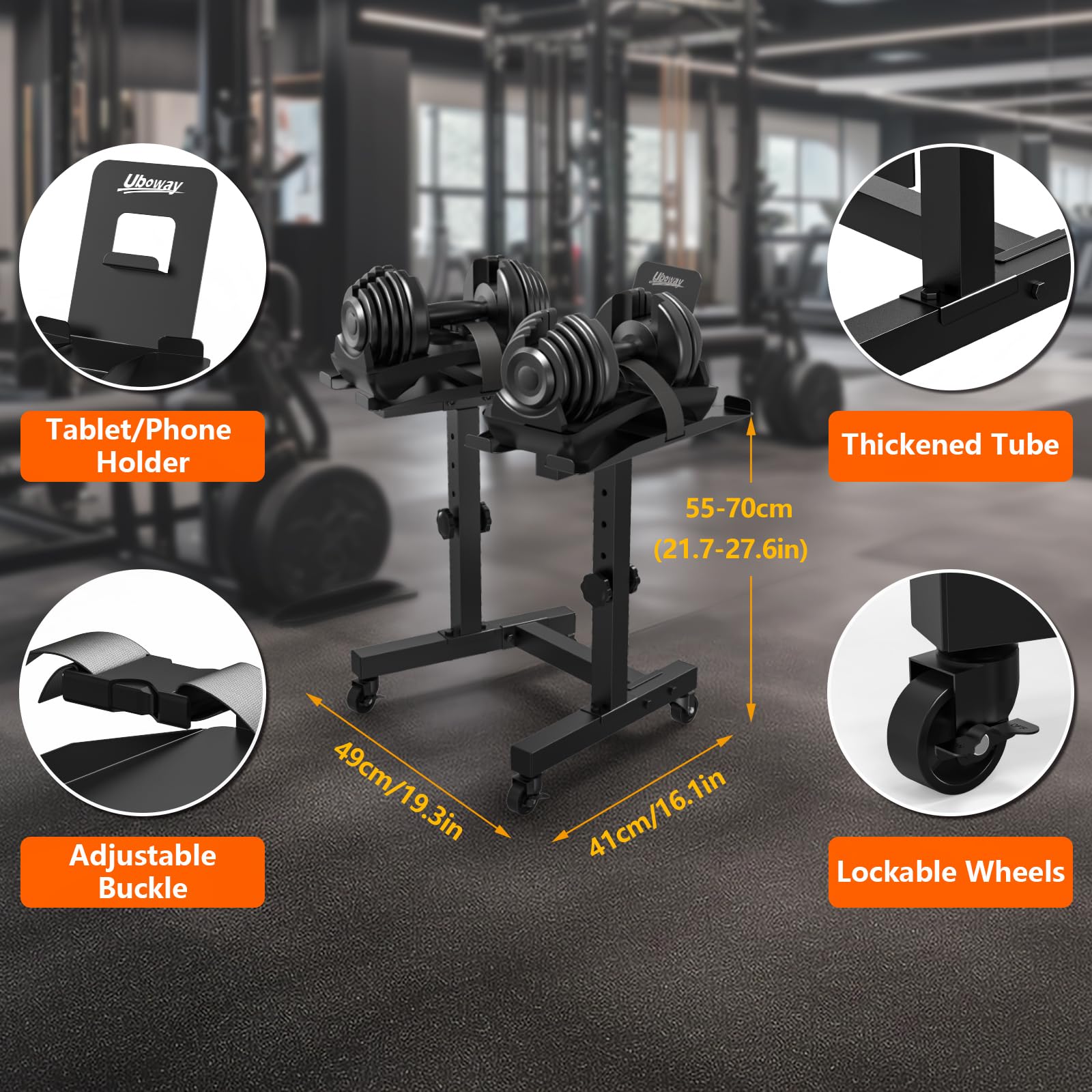 Adjustable Dumbbell Stand with 4-Level Height Adjustment - Uboway Weight Rack with Tablet Holder, Durable Casters & Bonus Foot Pads - Perfect for Home Gym, Workout & Fitness Training - Compatible with Adjustable Dumbbell Sets