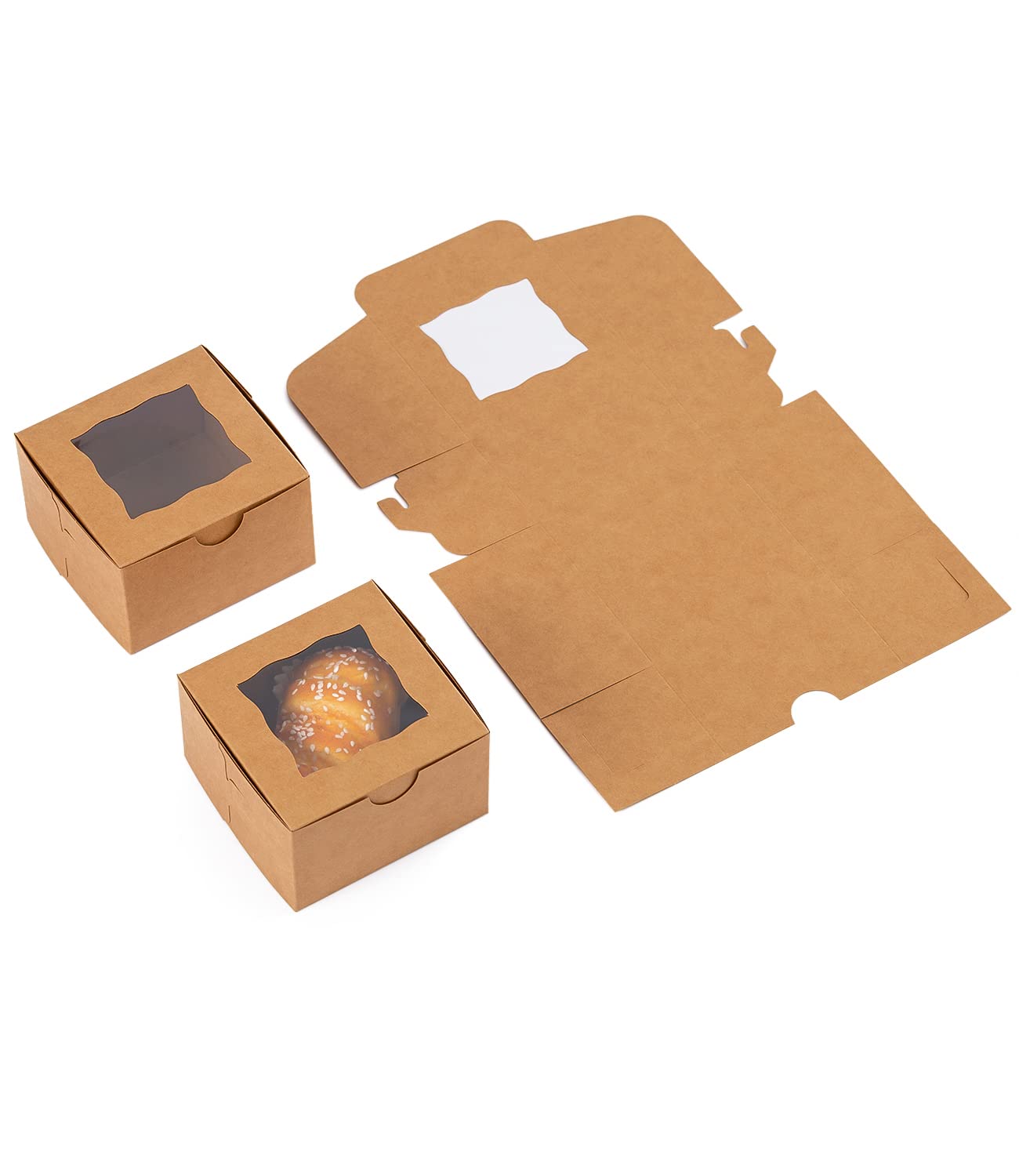 100-Piece Window Bakery Boxes 4x4x2.5 Inches - Small Brown Pastry Boxes for Cupcakes, Donuts, Chocolate Strawberries & Candy | Perfect for Home Bakeries, Wedding Favors & Gift Packaging