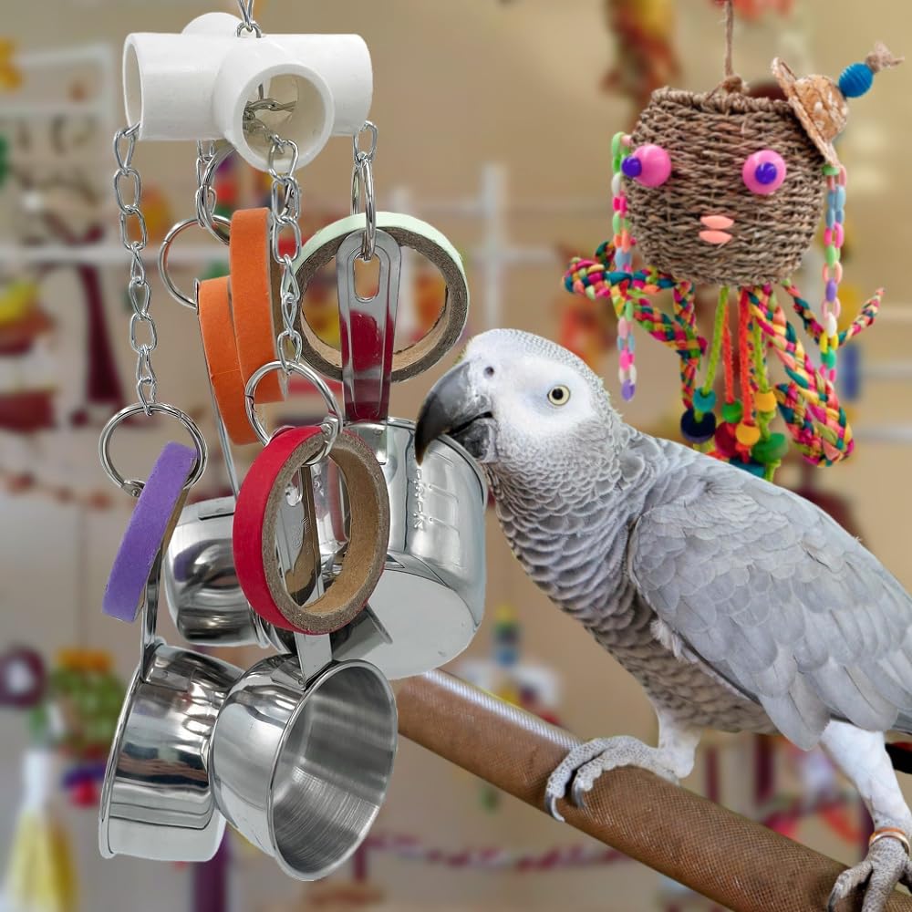 Durable Stainless Steel Bird Toys for Parrots - Pullable Cups & Cardboard Rings for Amazons, Mini Macaws, African Greys, Cockatoos, Eclectus | Interactive Play & Foraging Fun