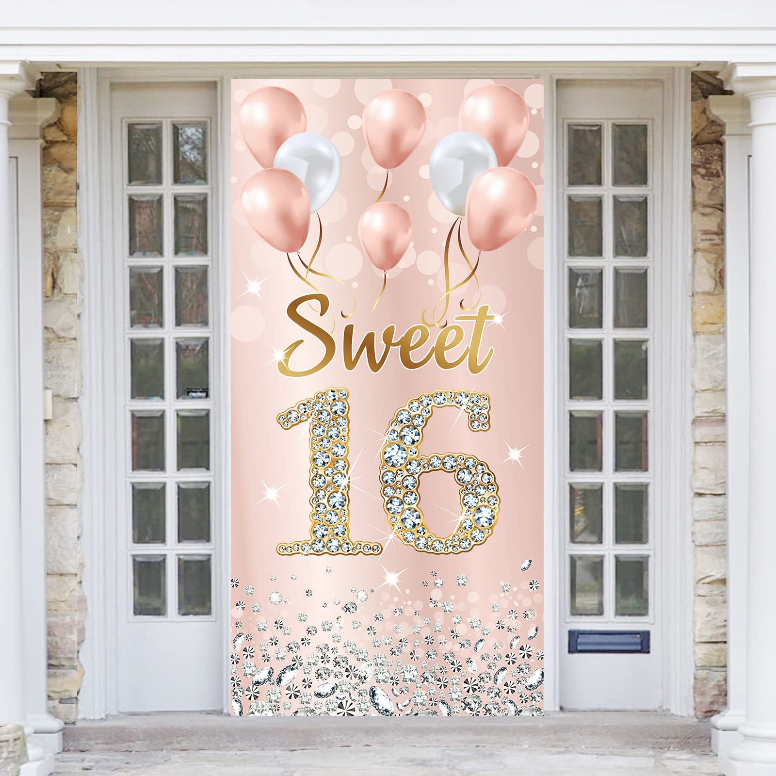 Sweet 16 Birthday Decorations for Girls - Pink Rose Gold Happy 16th Birthday Party Banner & Photo Booth Backdrop - Indoor/Outdoor Door Cover Supplies for Sweet Sixteen Celebrations, Photo Shoots & Birthday Parties