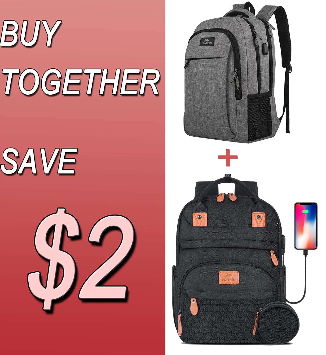 Matein Travel Laptop Backpack for Business & College - Anti-Theft Slim USB Charging Backpack, Water Resistant 15.6 Inch Notebook Bag for Men & Women - Perfect for Commuting, School & Work (Grey)