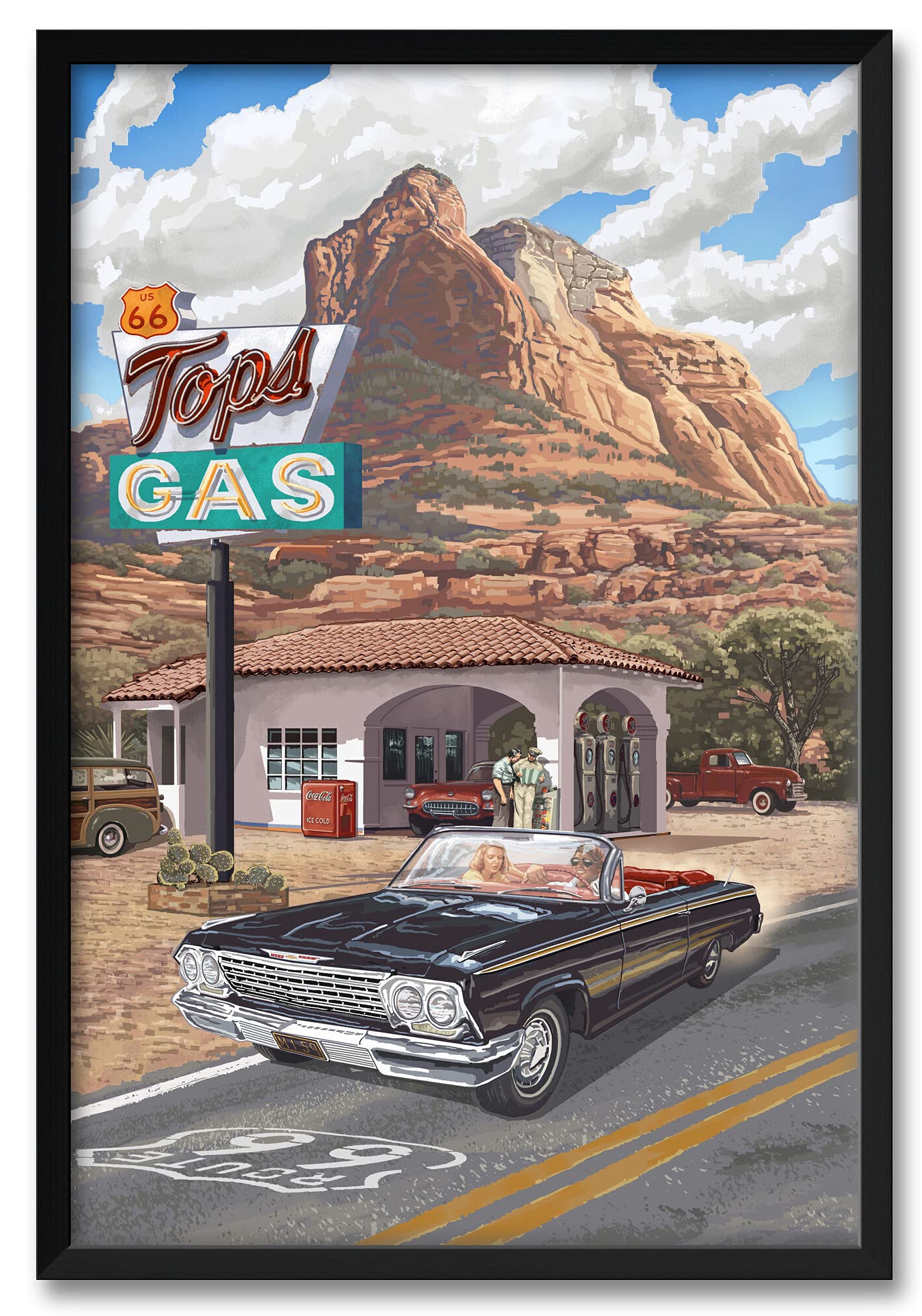 Vintage Route 66 Framed Wall Art Print - 32x47 Inch Travel Poster by Artist Paul A. Lanquist - Perfect for Home Office Decor, Man Cave & Americana Themed Rooms