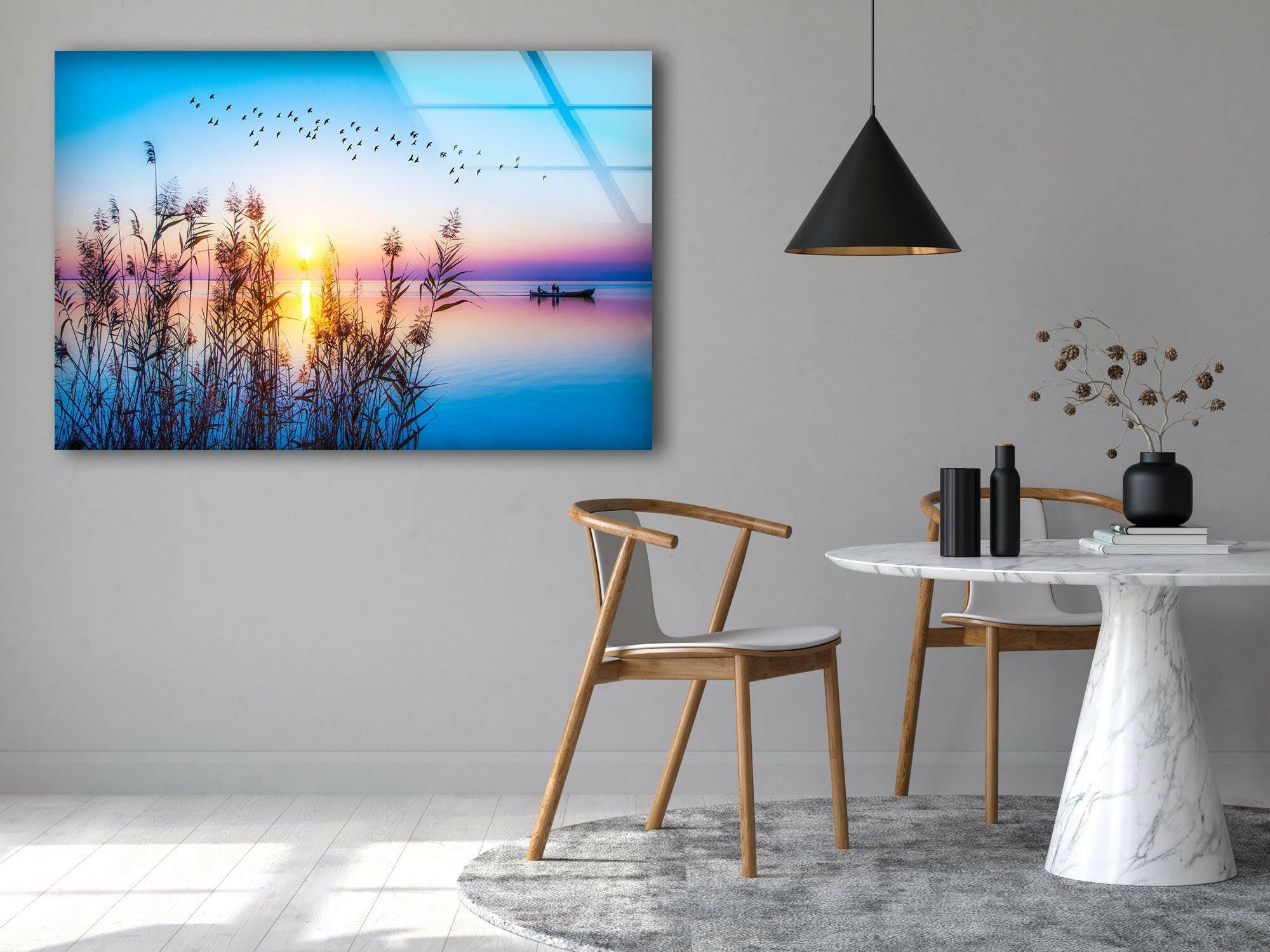 Vibrant Sunset Over Lake Glass Wall Art - Stunning Home Decor for Living Room, Bedroom & Office