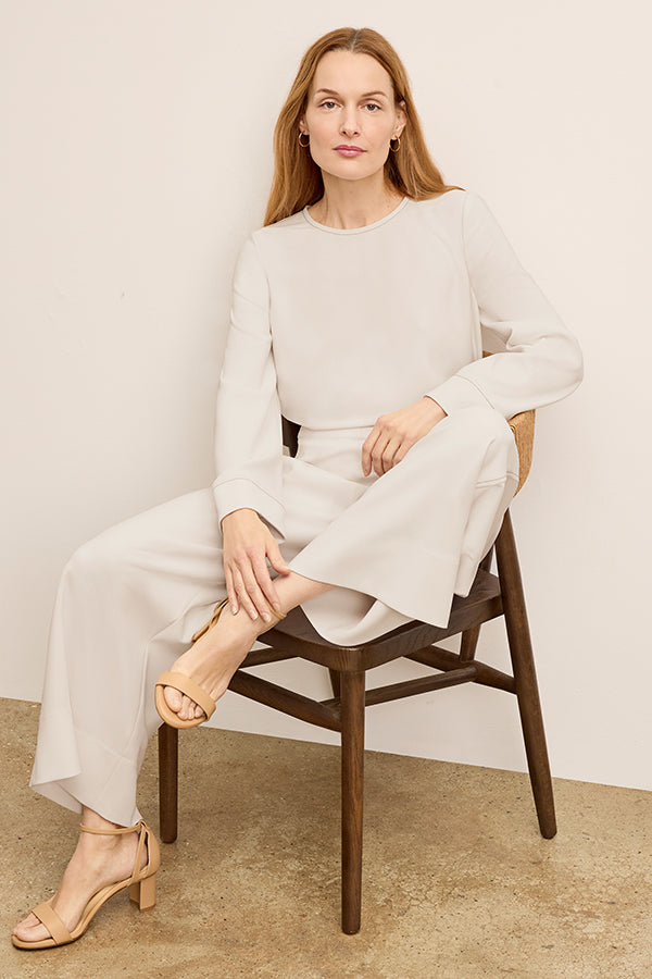 Elena Culotte Everyday Crepe Pants with Topstitch Detail - Comfortable Eggshell Women's Trousers for Work, Office & Casual Wear