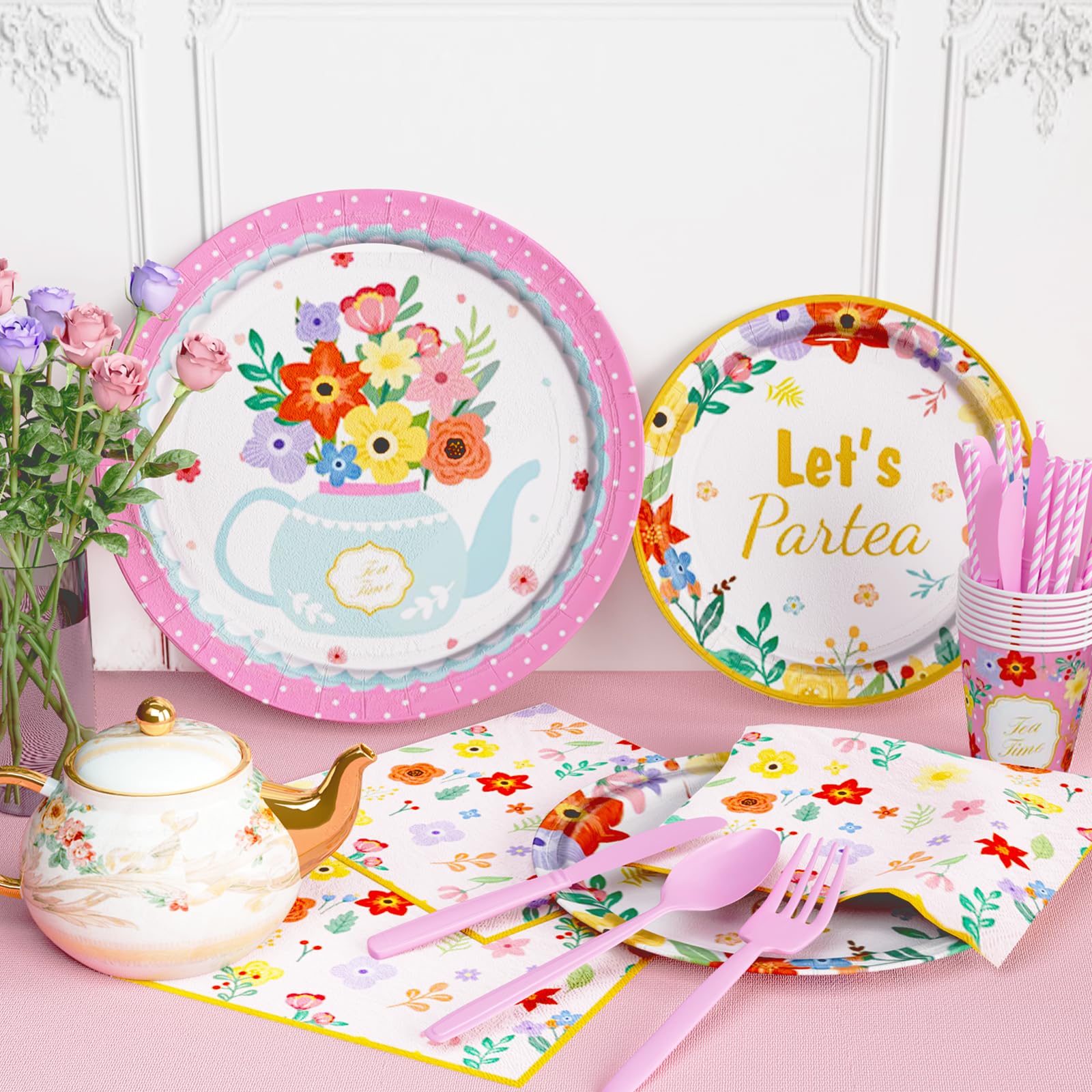 Elegant Tea Party Decorations Set - Teapot Floral Backdrop, Balloon Banner, Tablecloth, Plates, Napkins, Cups, Straws, Cutlery (Forks, Knives, Spoons) - Perfect for Birthday, Baby Shower & Bridal Tea Party Decor