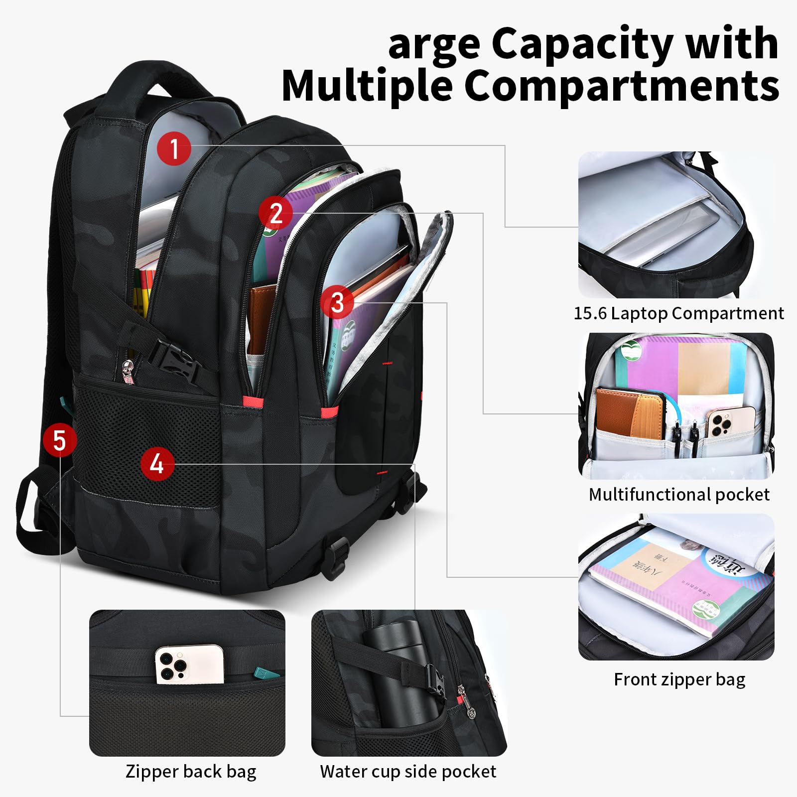 **Durable Camo Backpack for Middle & High School Boys - Large Capacity Anti-Theft Water Resistant Travel Backpack with 15.6
