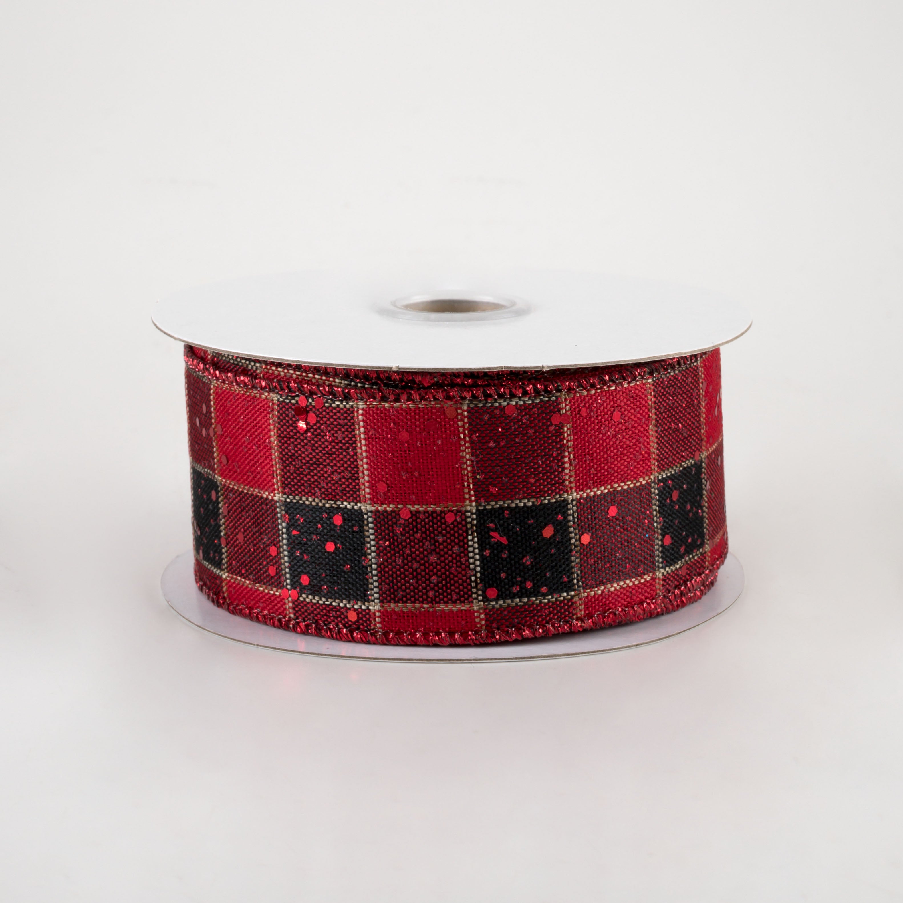 1.5 Inch Check Hex Glitter Ribbon - Red and Black Craft Ribbon (10 Yards) for Gift Wrapping, DIY Projects, and Holiday Decorations