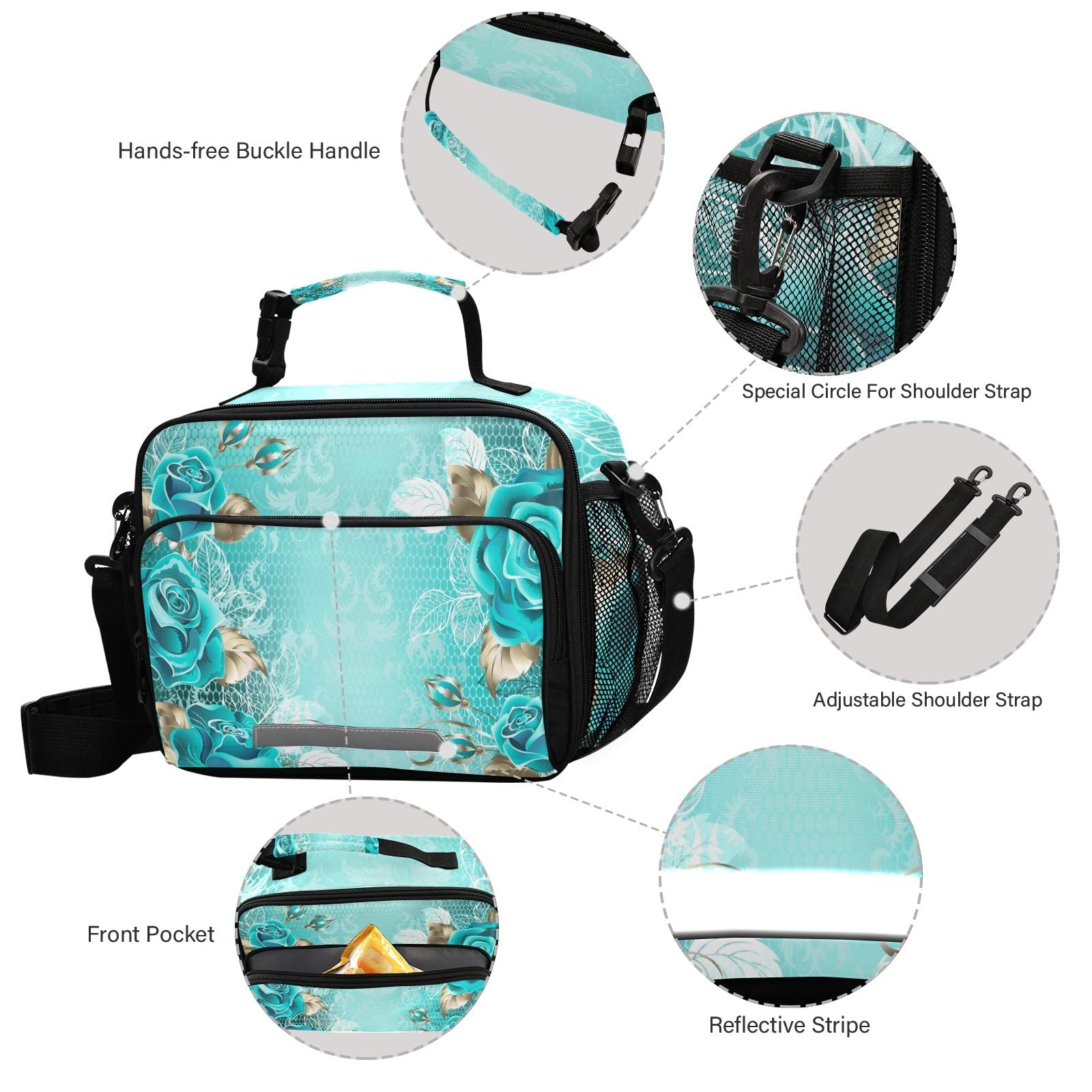 ALAZA Insulated Lunch Bag for Women & Men - Reusable Tote Cooler Bag with Adjustable Shoulder Strap, Elegant Lace Turquoise Roses White Gold Design | Perfect for Work, School, Picnics & Outdoor Activities