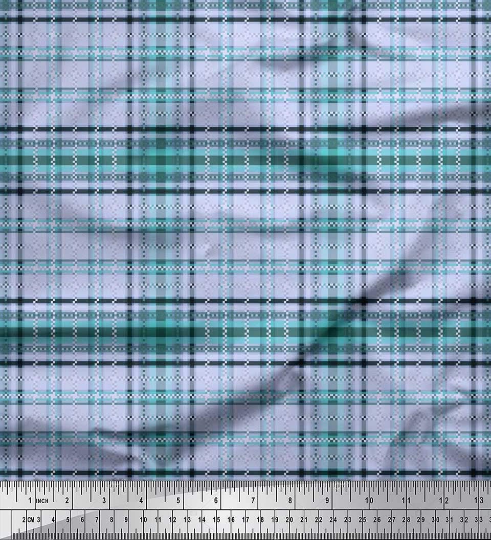 Soimoi Velvet Blue Fabric by The Yard - 58 Inch Wide - Window Pane Check Serenity - Timeless Printed Velvet Fabric for Curtains, Upholstery & Home Decor