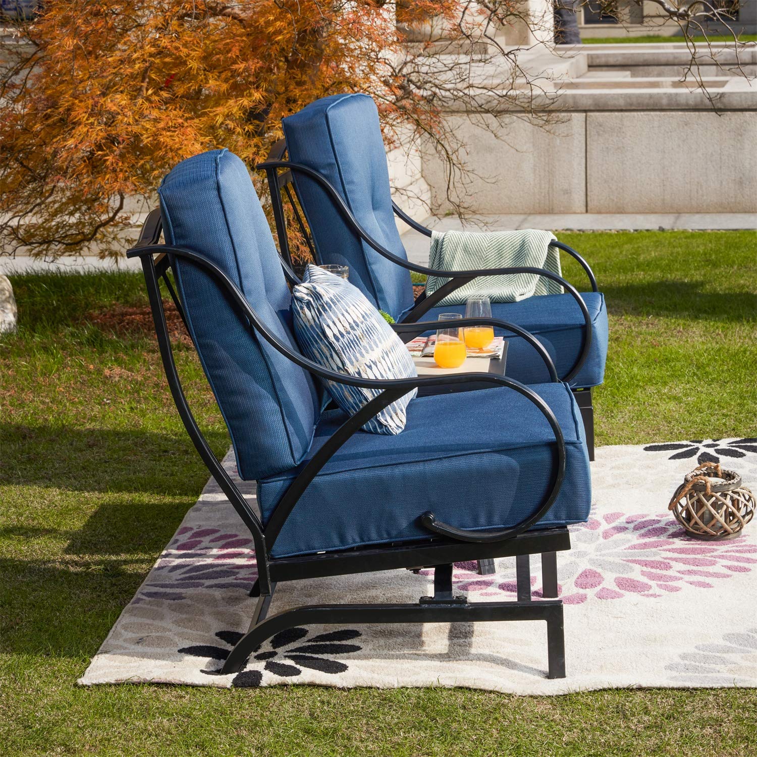 PatioFestival 3-Piece Metal Outdoor Bistro Set with Rocking Motion Deep Seating Chairs & Coffee Table - Blue Patio Furniture for Garden, Poolside, Yard & Backyard Relaxation