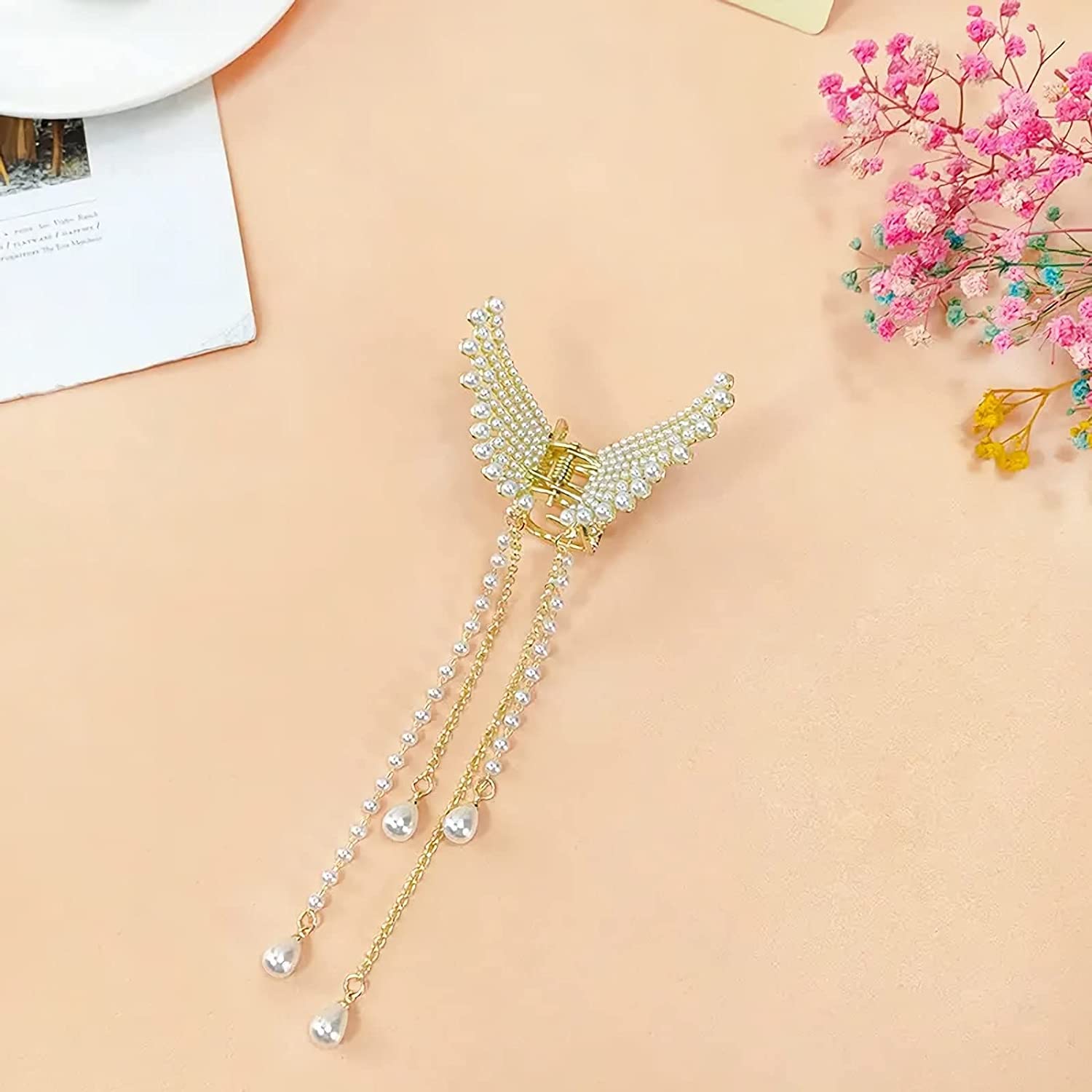Elegant Pearl & Stone Hair Clips for Women - Wedding Butterfly Claw Clip, Metal Hair Clutcher Accessories for Girls & Women | Perfect for Bridal, Party, and Everyday Hairstyles