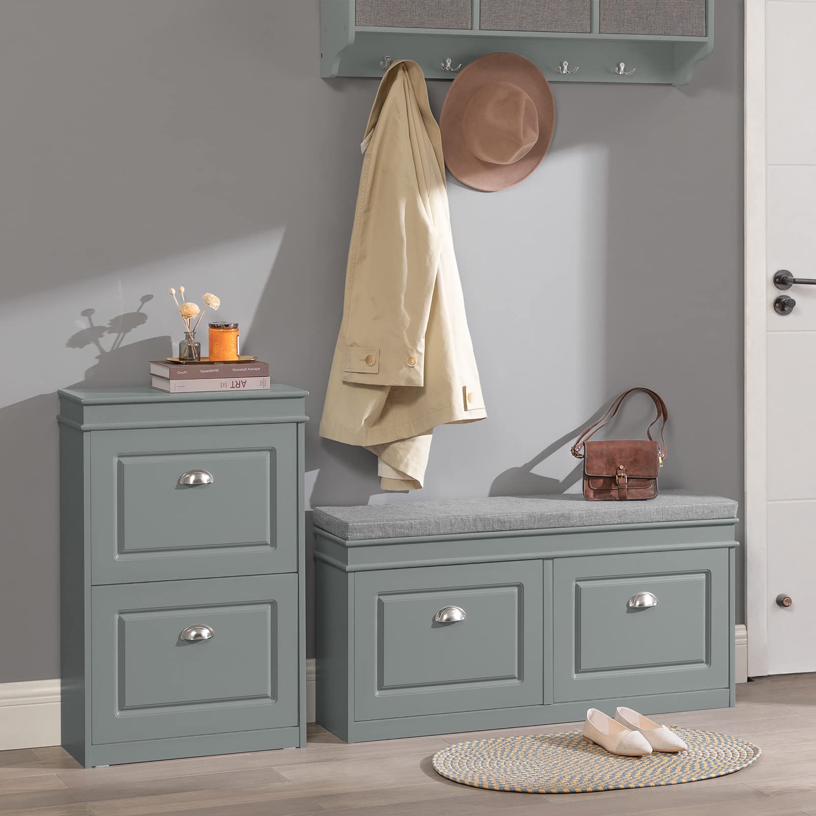 Modern Shoe Storage Bench with 2 Flip Drawers & Cushion - Entryway Shoe Cabinet Organizer for Hallway, Grey FSR64-HG | Perfect for Small Spaces, Mudroom Organization & Shoe Storage Solution