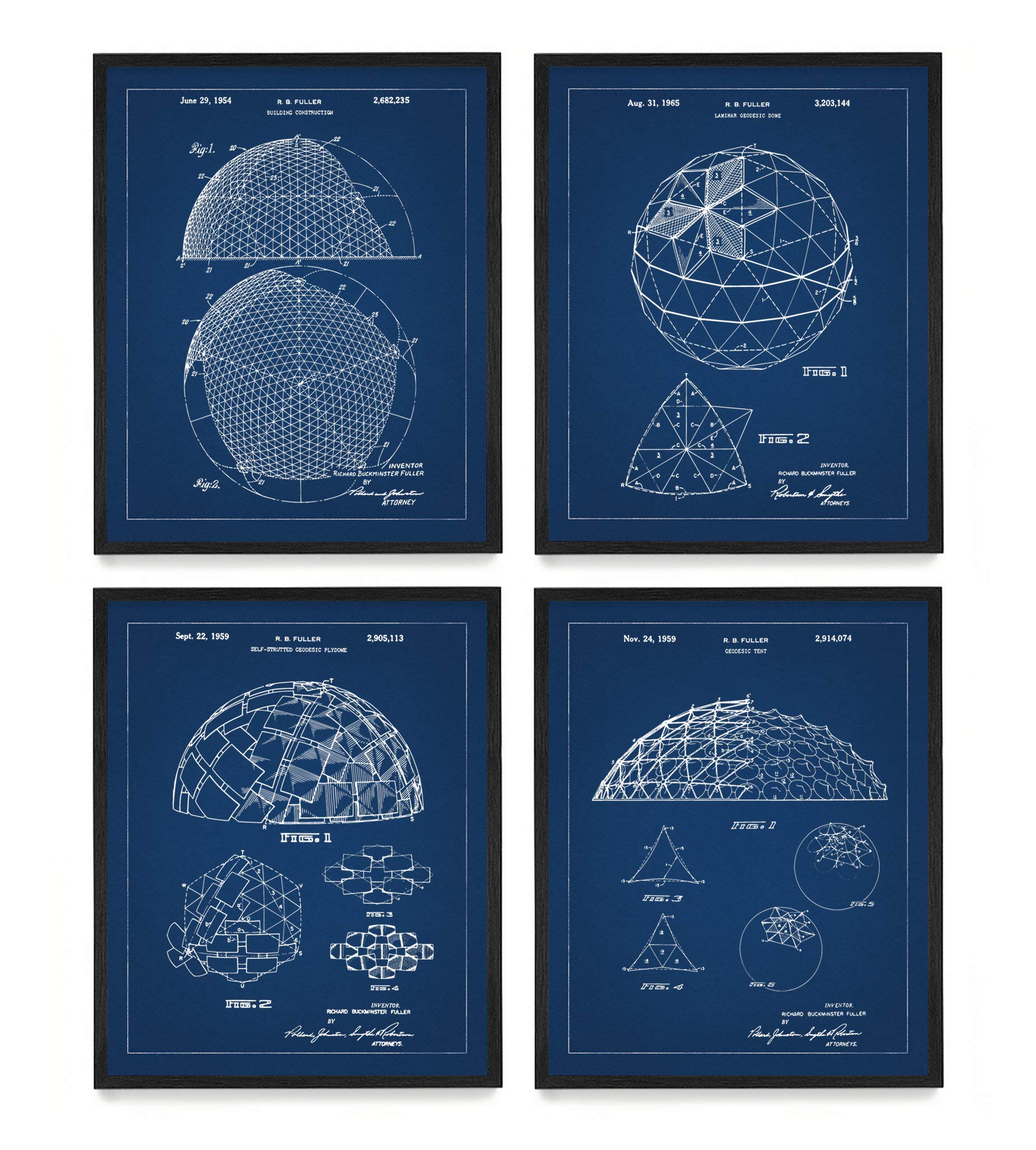 Buckminster Fuller Geodesic Dome Patent Poster Art - Vintage Architecture Wall Decor - Modern Home & Office Framed Prints (Set of 4, 16x20 Inches) - Perfect for Living Room, Study, or Classroom Inspiration