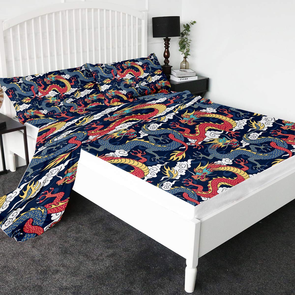 Sleepwish 3D Printed Asian Dragon Bed Sheet Set - Twin Size Blue & Red Fighting Dragons in Clouds Design | Luxury Decorative Bedding for Dorm, Guest Room & Themed Decor