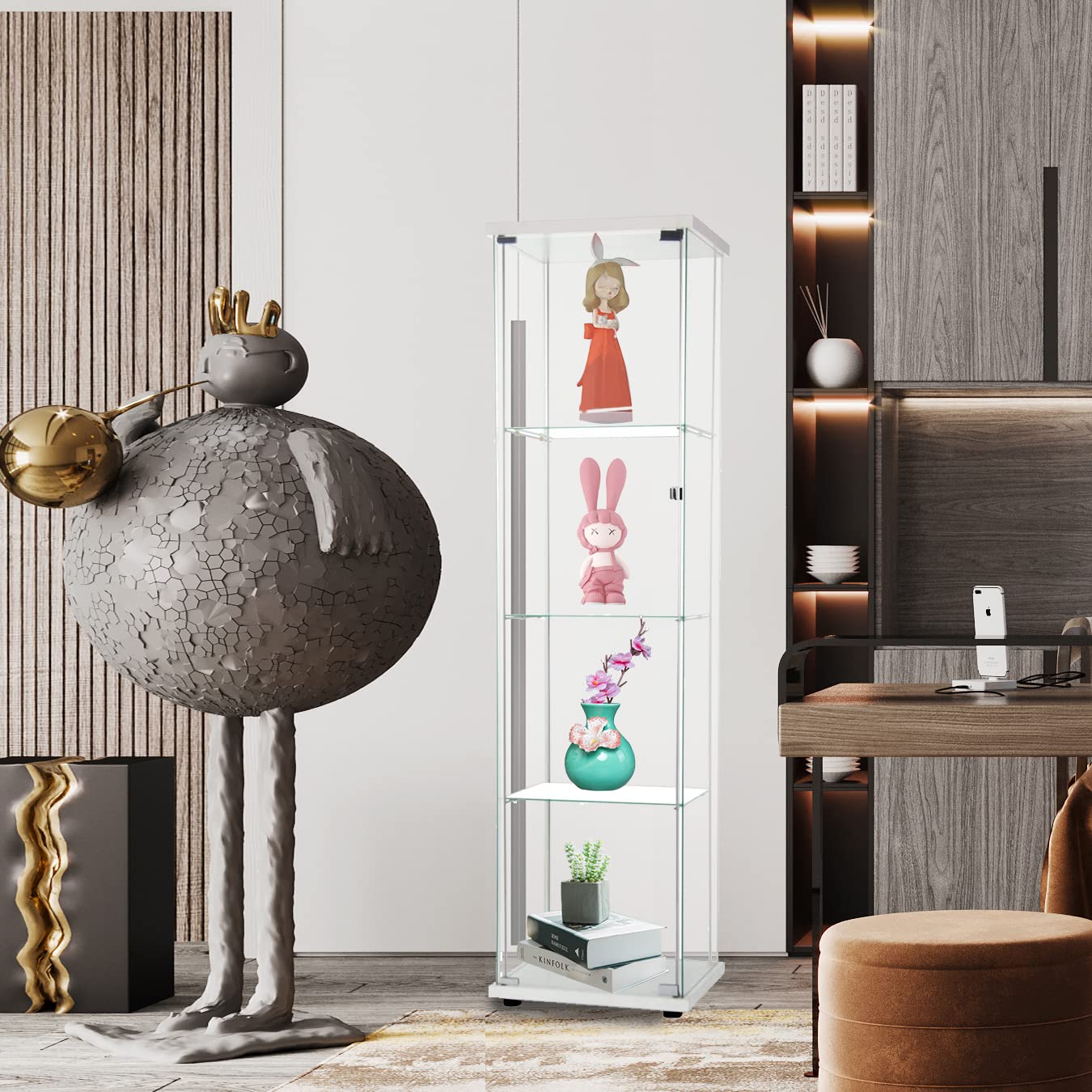 HomVent Glass Display Case with Doors - 4 Shelf Floor Standing Curio Cabinet for Car Models, Architecture Models & Toy Collections | Perfect for Living Room, Office or Showroom Display