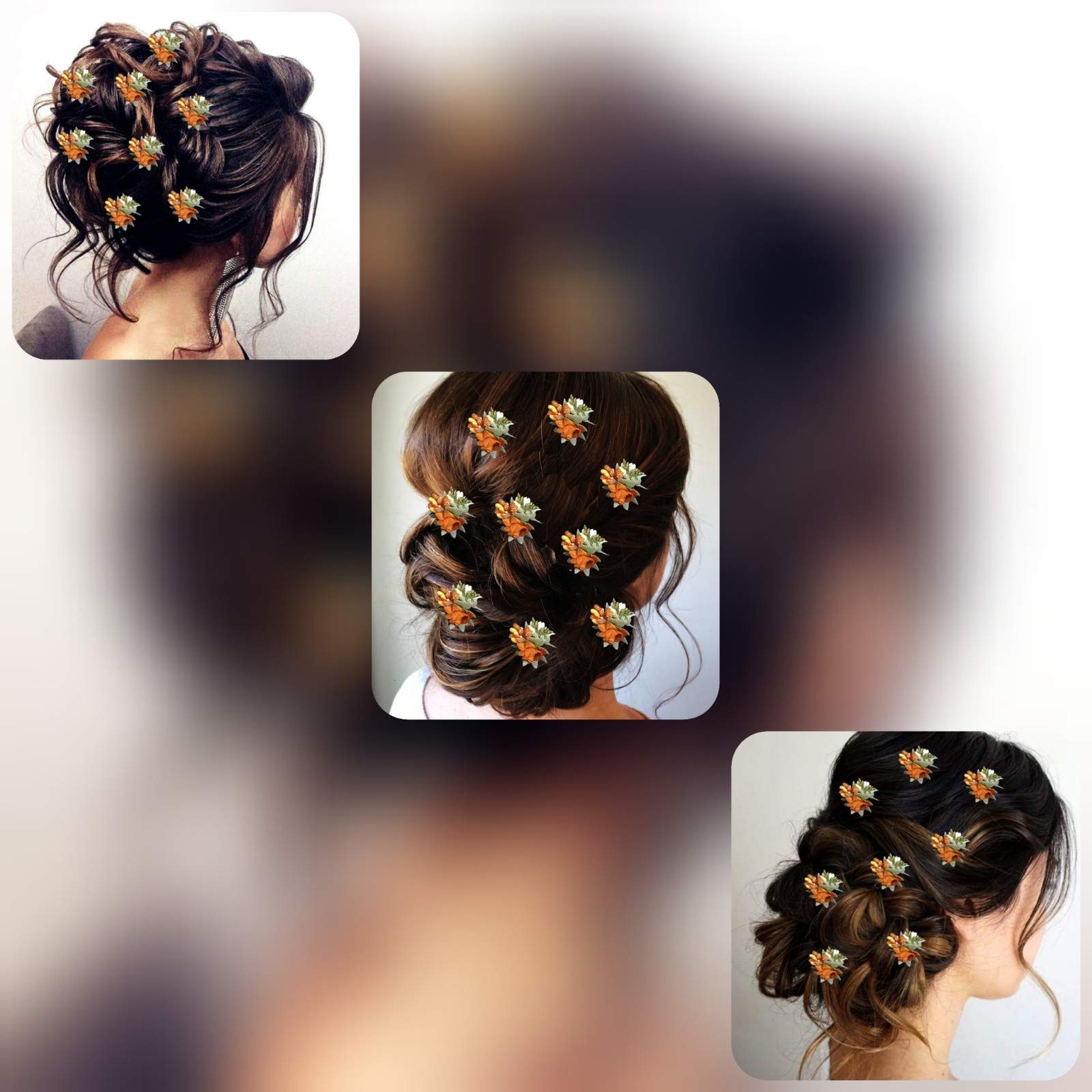 Women's Hair Pins with Artificial Flowers - Hair Clips & Bun Accessories for Weddings, Brides & Special Occasions (Orange) | Elegant Hair Styling for Parties, Prom & Formal Events