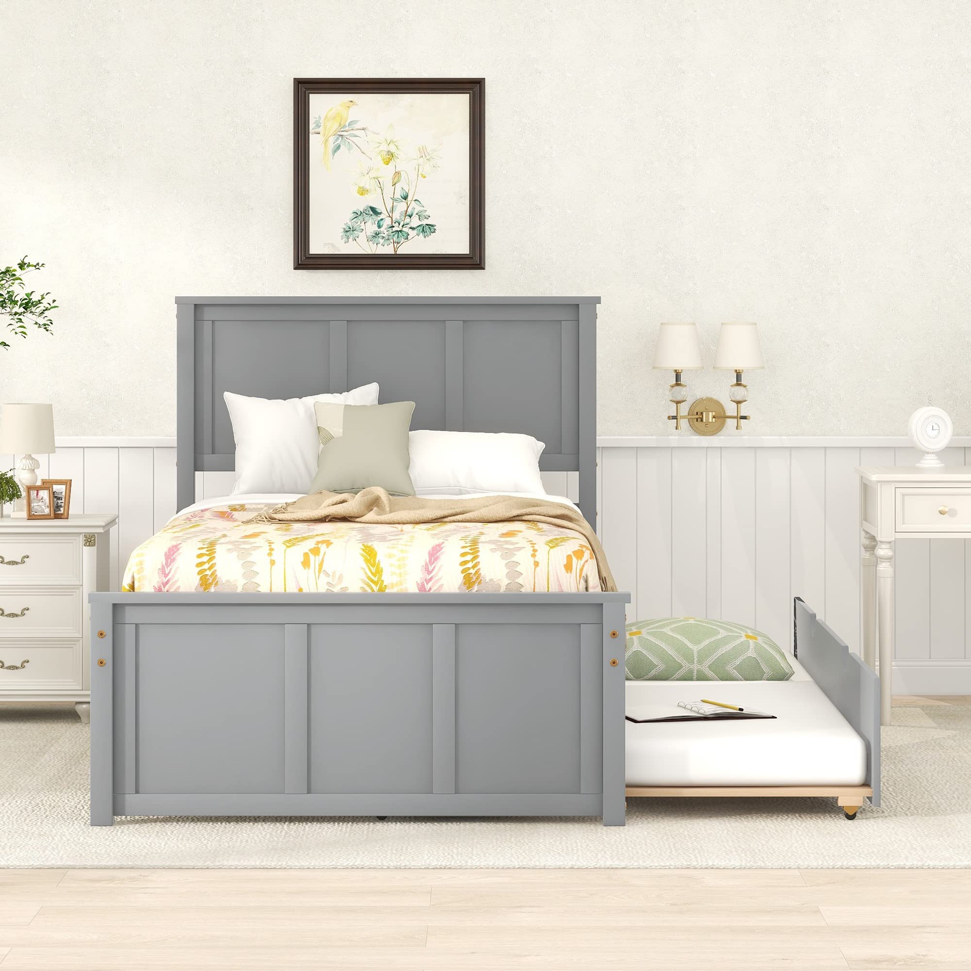 Bellemave Twin Size Wooden Platform Bed with Headboard, Footboard & Trundle - No Box Spring Needed, Space-Saving Grey Bed Frame for Kids Room, Guest Bedroom or Small Apartments