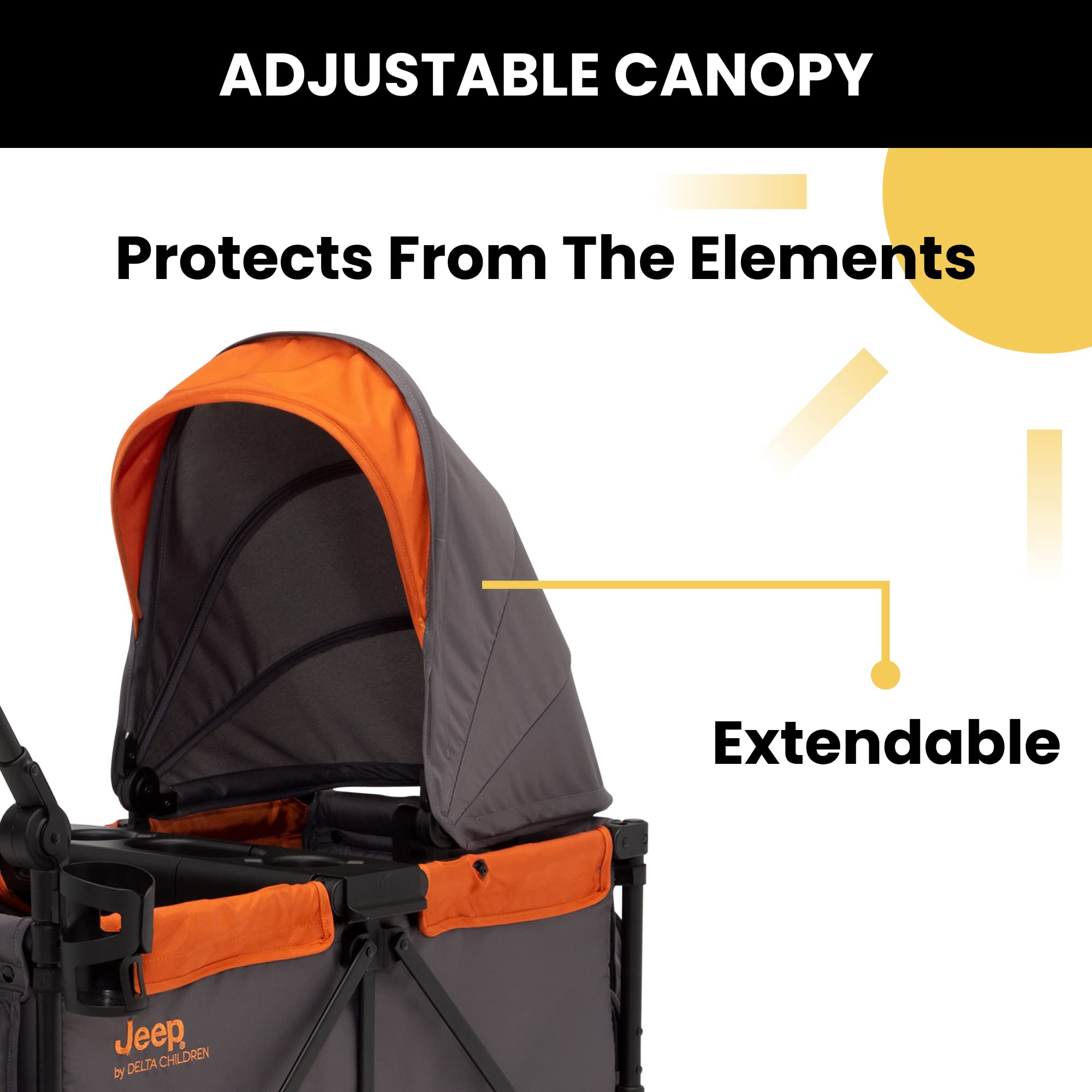 Delta Children Jeep Sport All-Terrain Stroller Wagon with Canopy, Parent Organizer & Snack Tray - Adjustable Handlebar, Cup Holders - Grey/Bonfire - Perfect for Outdoor Adventures, Beach Trips & Family Outings