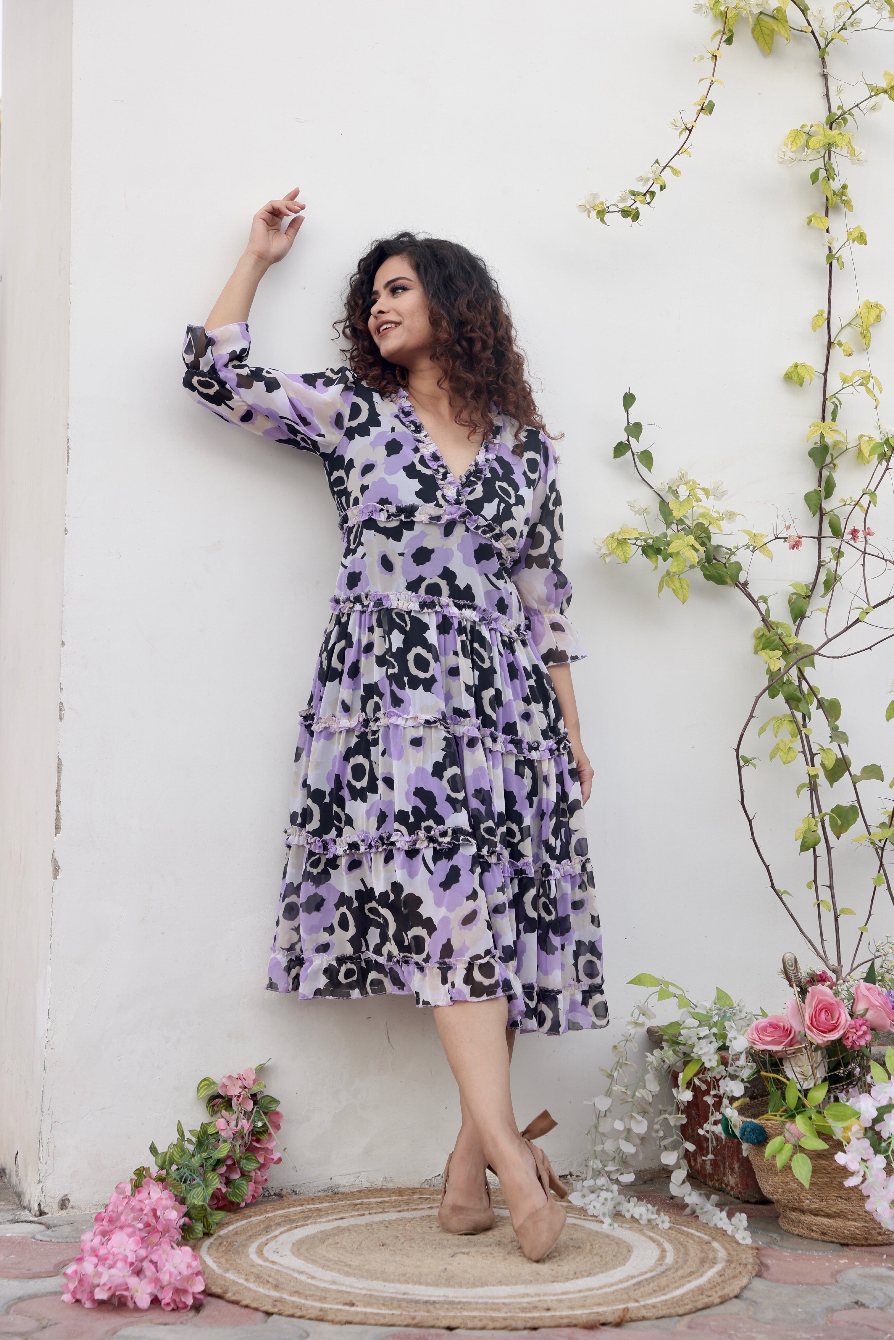 Lavender Floral Print Maxi Dress for Women - Summer Boho Beach Dress with Long Sleeves - Perfect for Vacation, Wedding Guest & Outdoor Parties