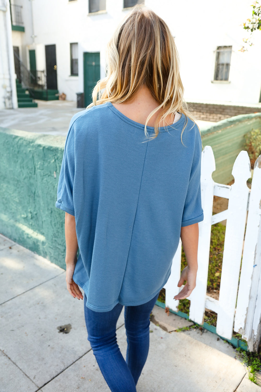 Men's Casual Cotton Denim Blue Dolman French Terry Pullover Sweatshirt - Comfortable Loungewear for Home & Weekend Outings