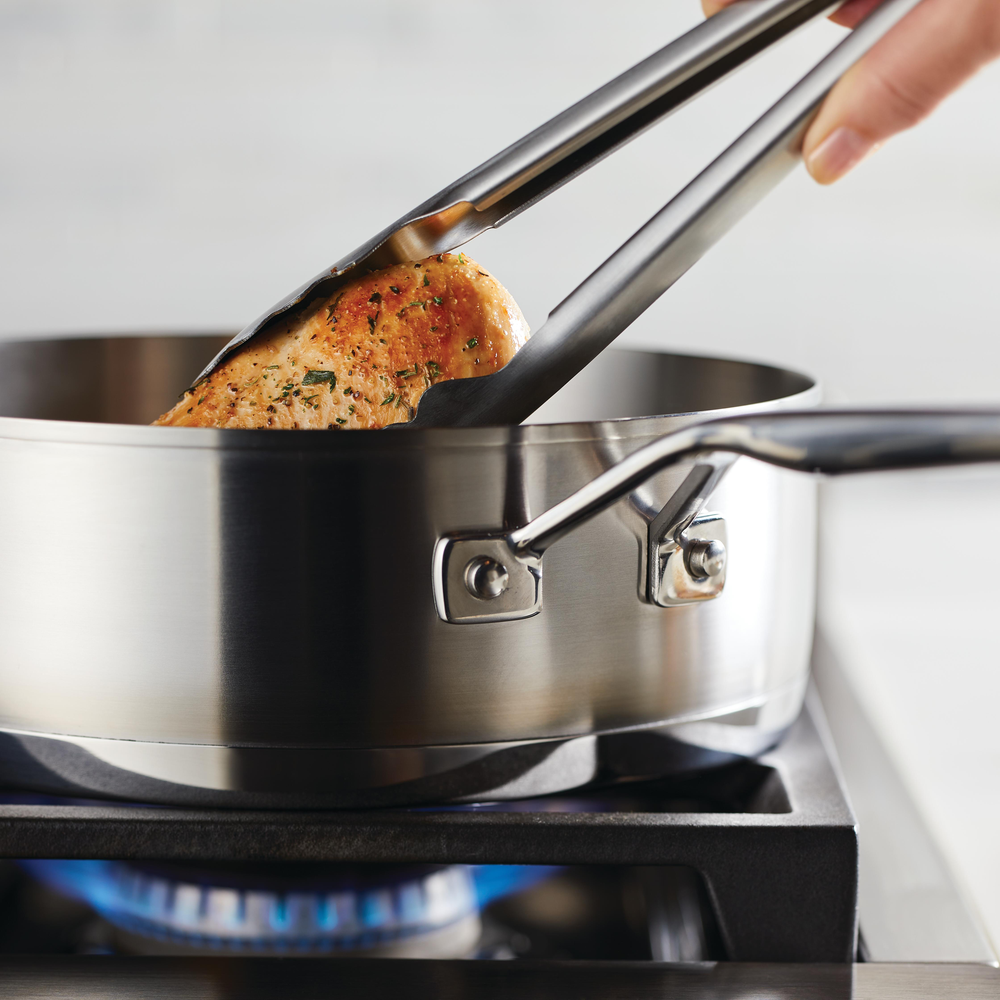 Premium 3-Ply Stainless Steel 4.5 Quart Deep Sauté Pan with Helper Handle & Glass Lid – Ideal for Searing, Braising, and One-Pot Meals