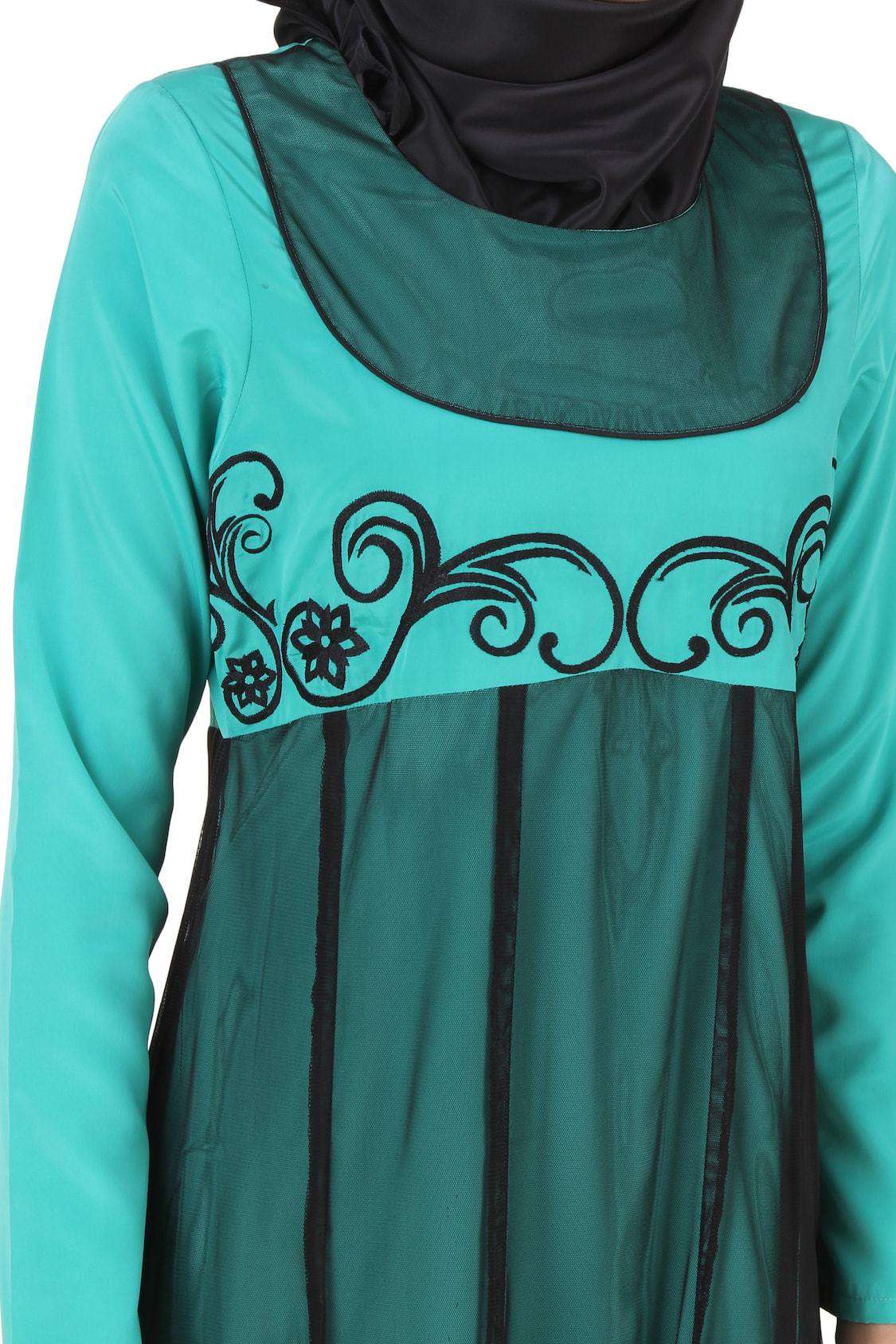 Elegant Turquoise Green and Black Net Crepe Abaya for Women - Perfect for Eid, Weddings, and Special Occasions