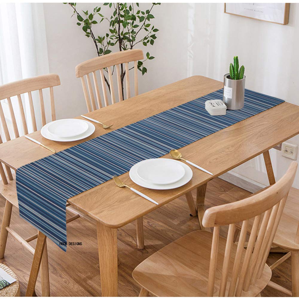 HGOD DESIGNS Blue Striped Table Runner - Abstract Knitted Cotton Linen Tablecloth for Kitchen, Dining & Tea Tables - 14x72 Inch Elegant Placemat & Home Decor | Perfect for Holiday Dinners, Parties & Everyday Use