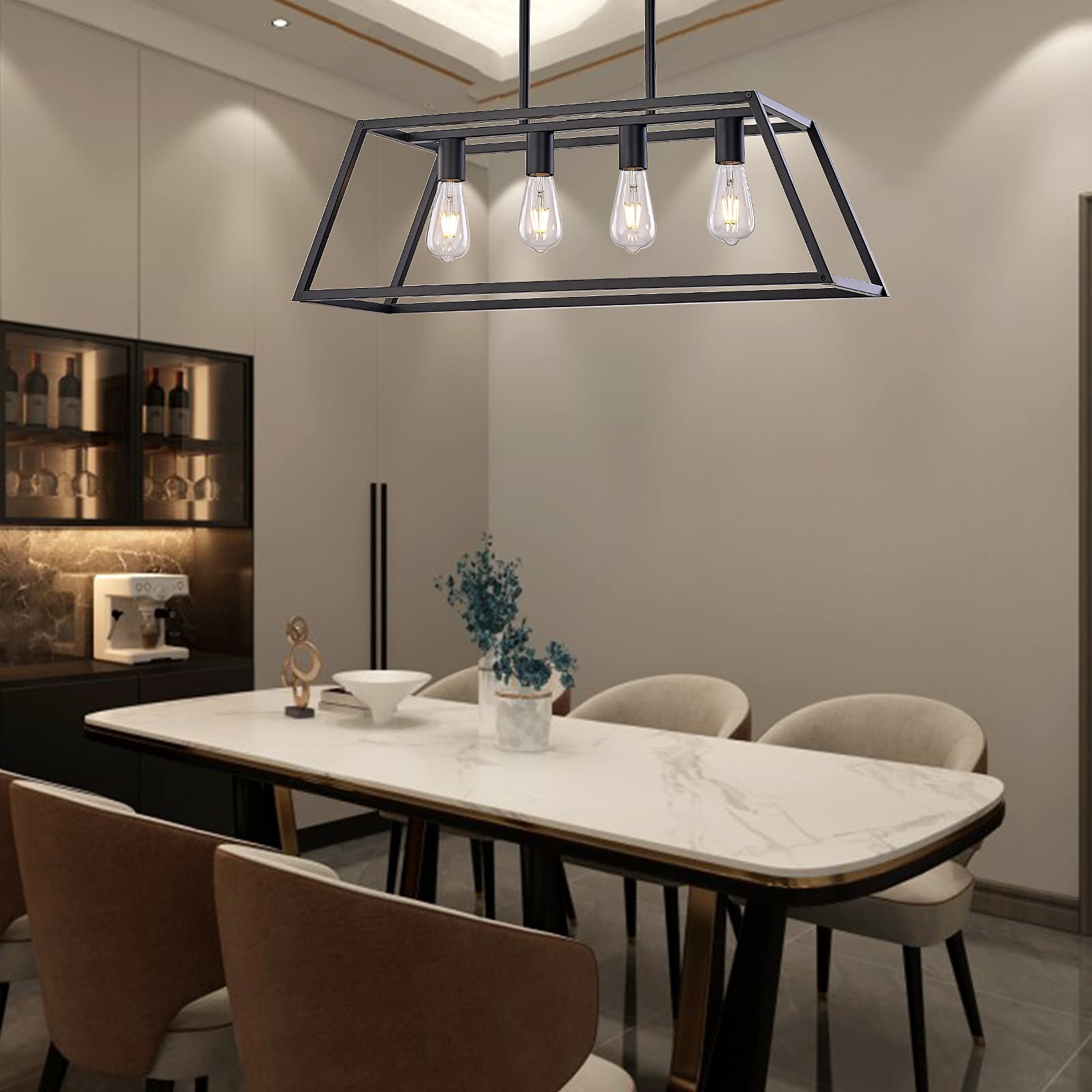 XILICON Modern 4-Light Black Linear Pendant Light - Farmhouse Kitchen Island Chandelier for Dining Room, Hanging Cage Lighting Fixture | Perfect for Farmhouse, Industrial & Contemporary Home Decor