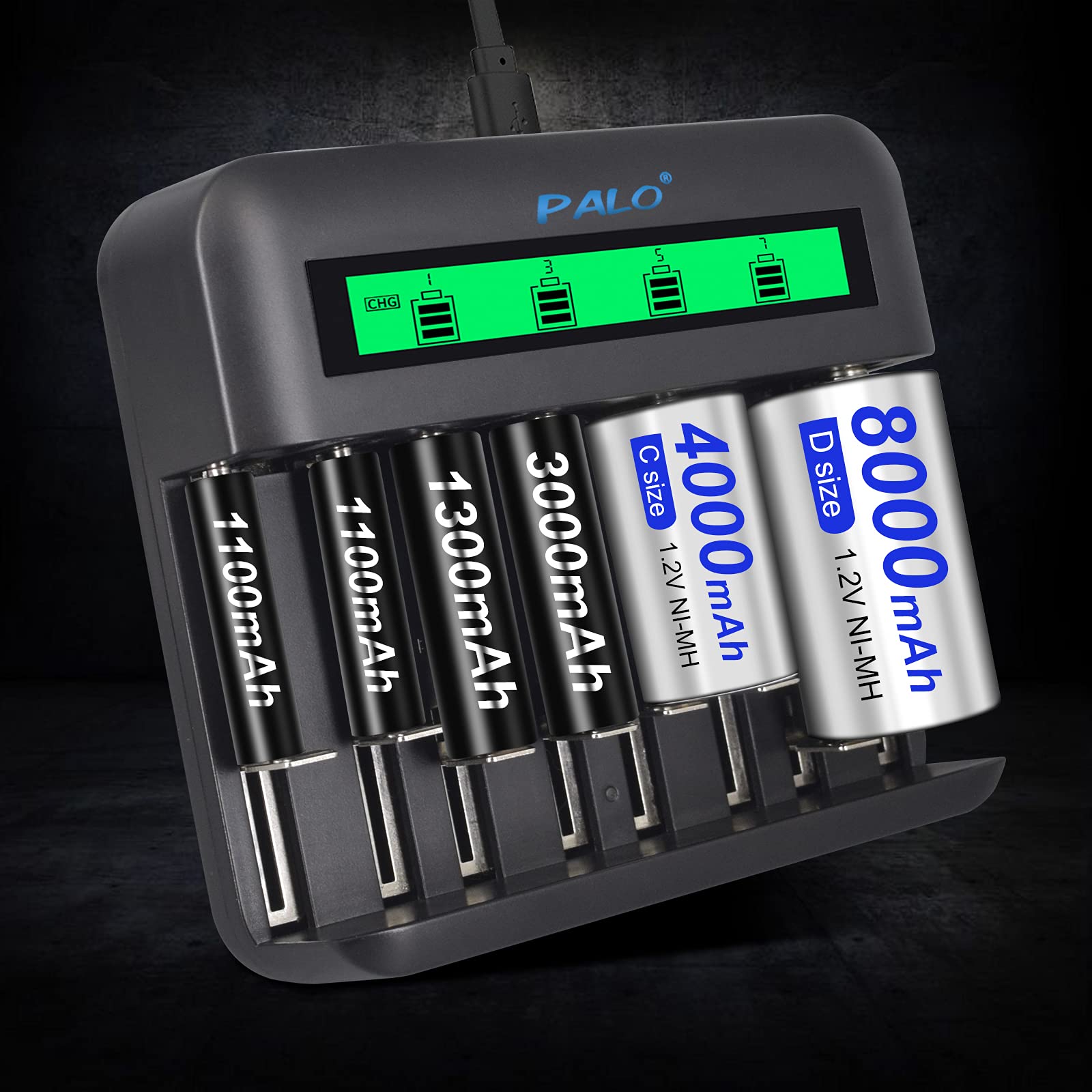 Universal Battery Charger with 4 Pack C Size 4000mAh Rechargeable Batteries - Fast Charging for Toys, Flashlights & Electronics - AA AAA C D Compatible Power Solution